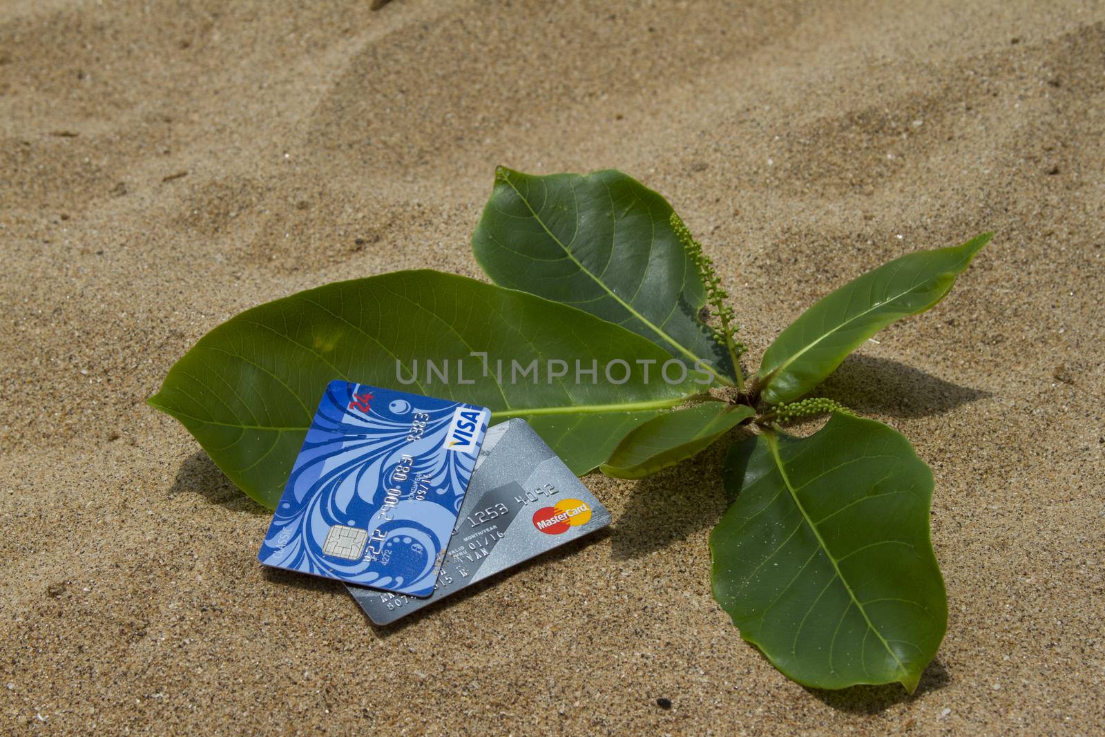 Credit card lying on the sand beach. India Goa.