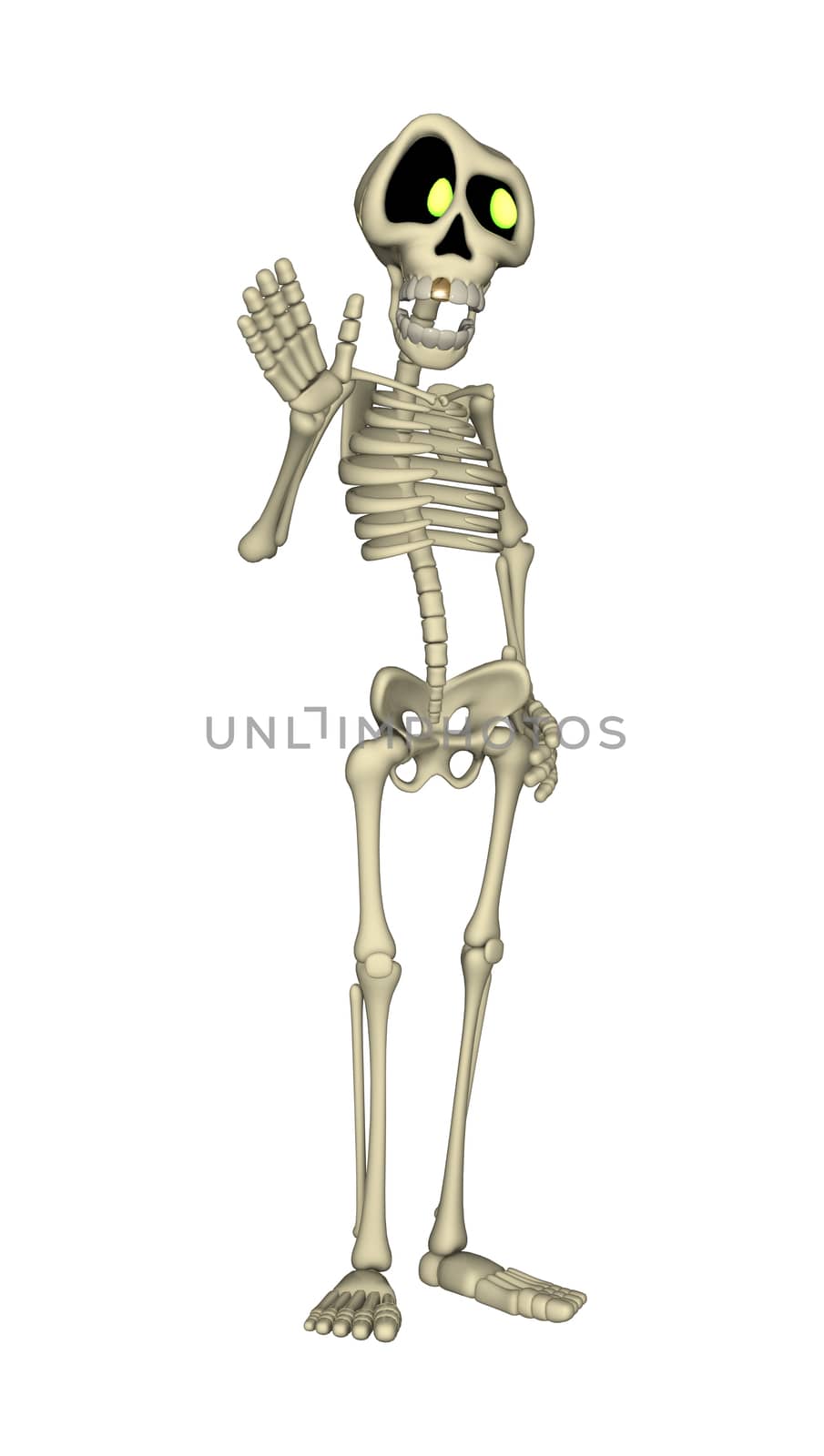 3D digital render of a cartoon human skeleton isolated on white background