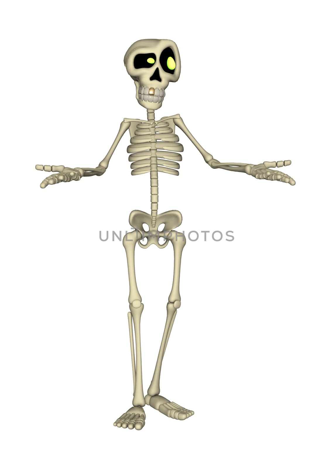 3D digital render of a cartoon human skeleton isolated on white background