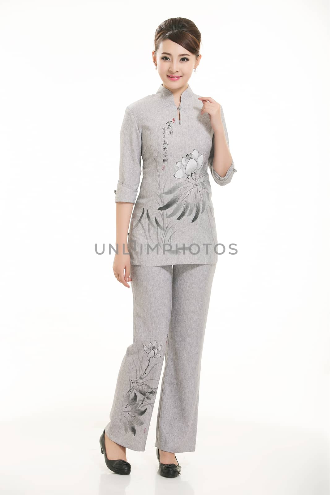 Wear clothing occupation Chinese waiters in white background