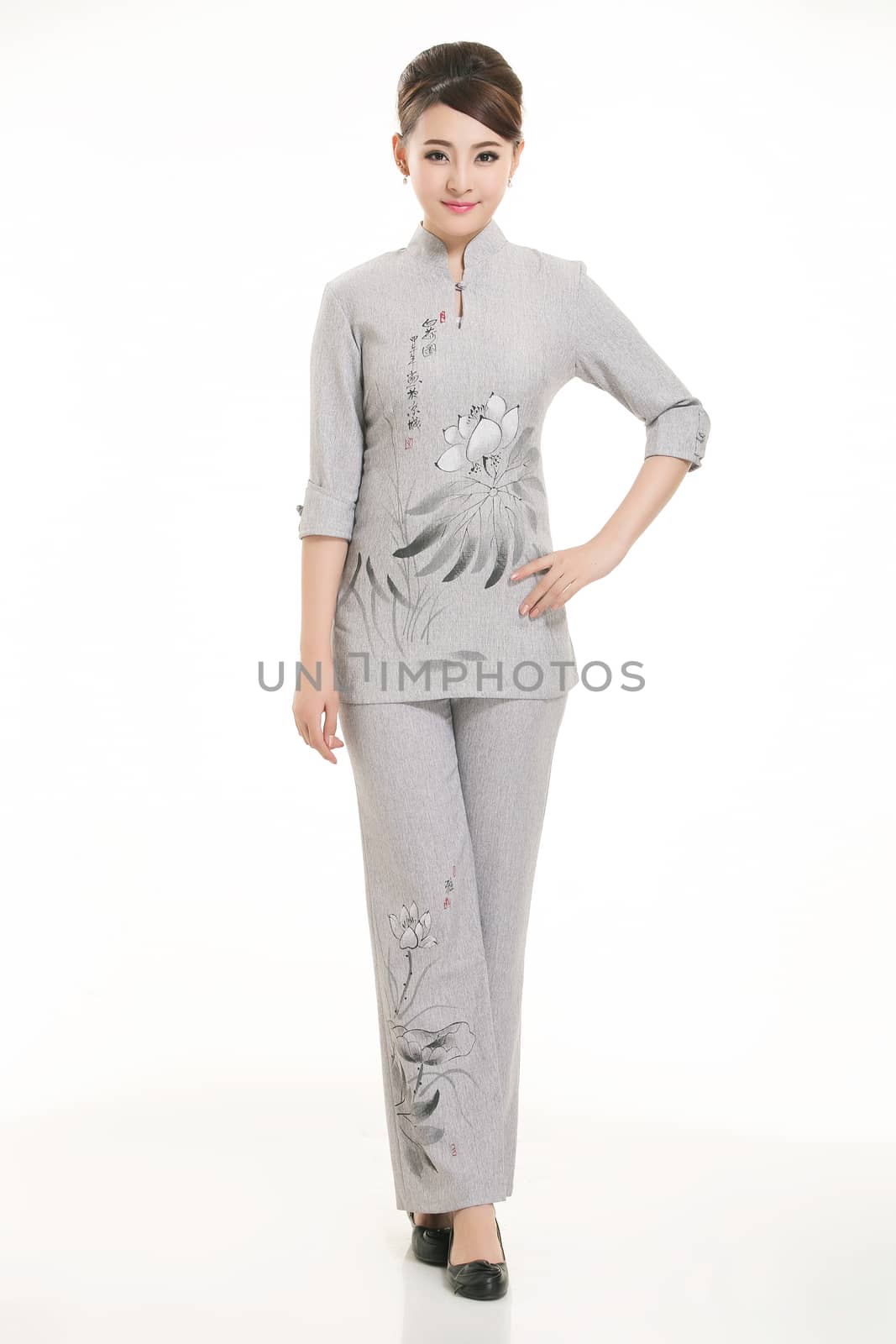 Wear clothing occupation Chinese waiters in white background