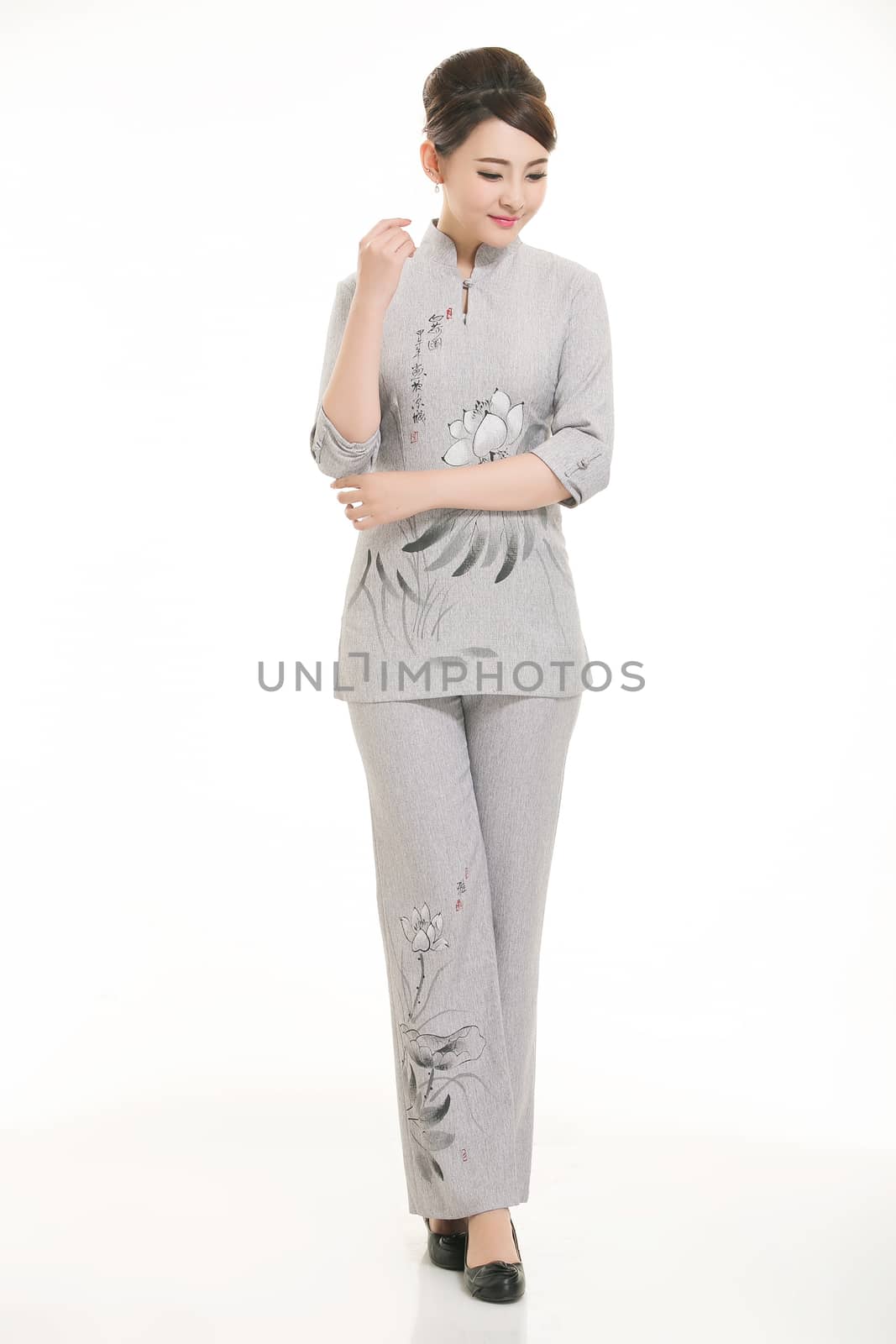 Wear clothing occupation Chinese waiters in white background