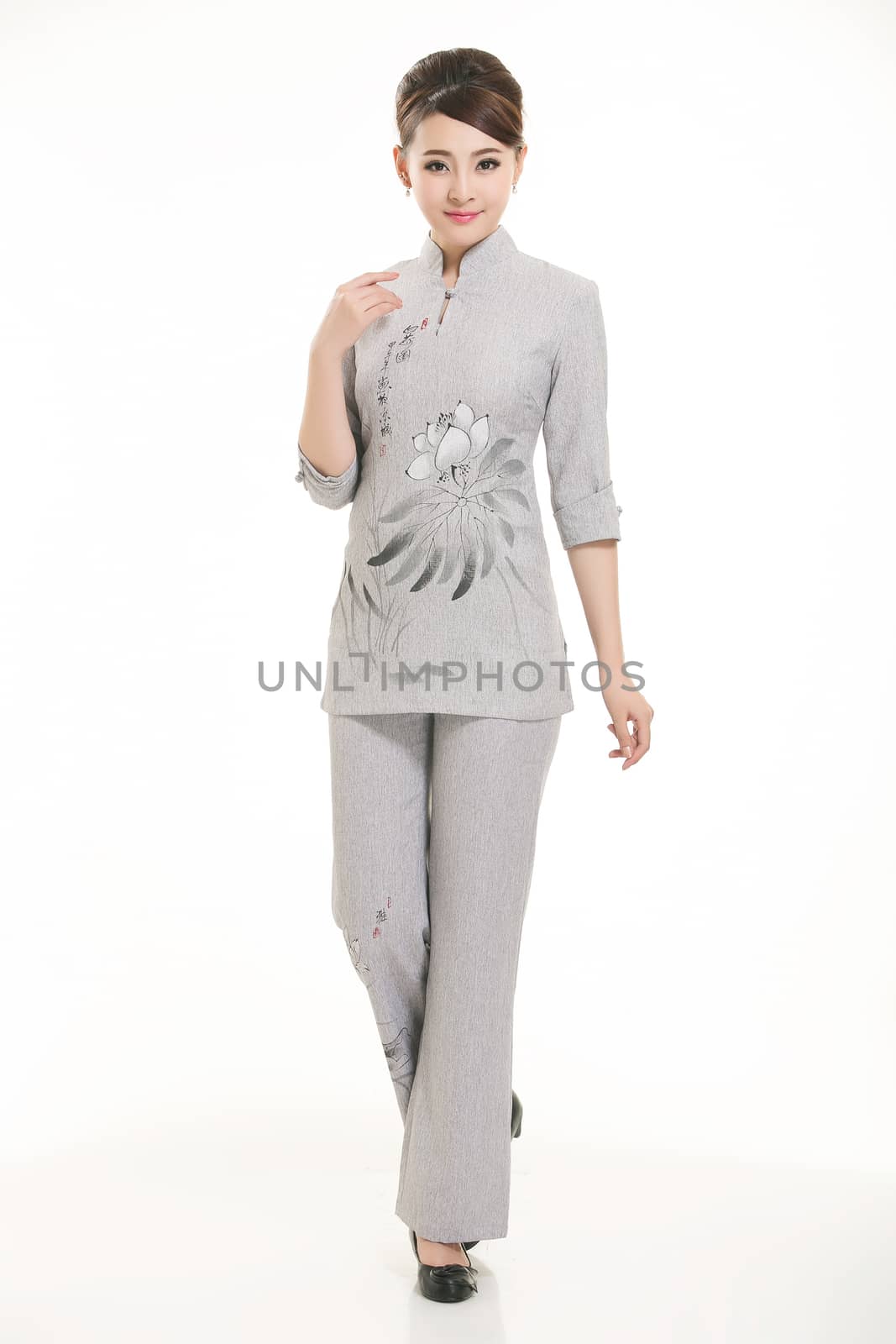 Wear clothing occupation Chinese waiters in white background