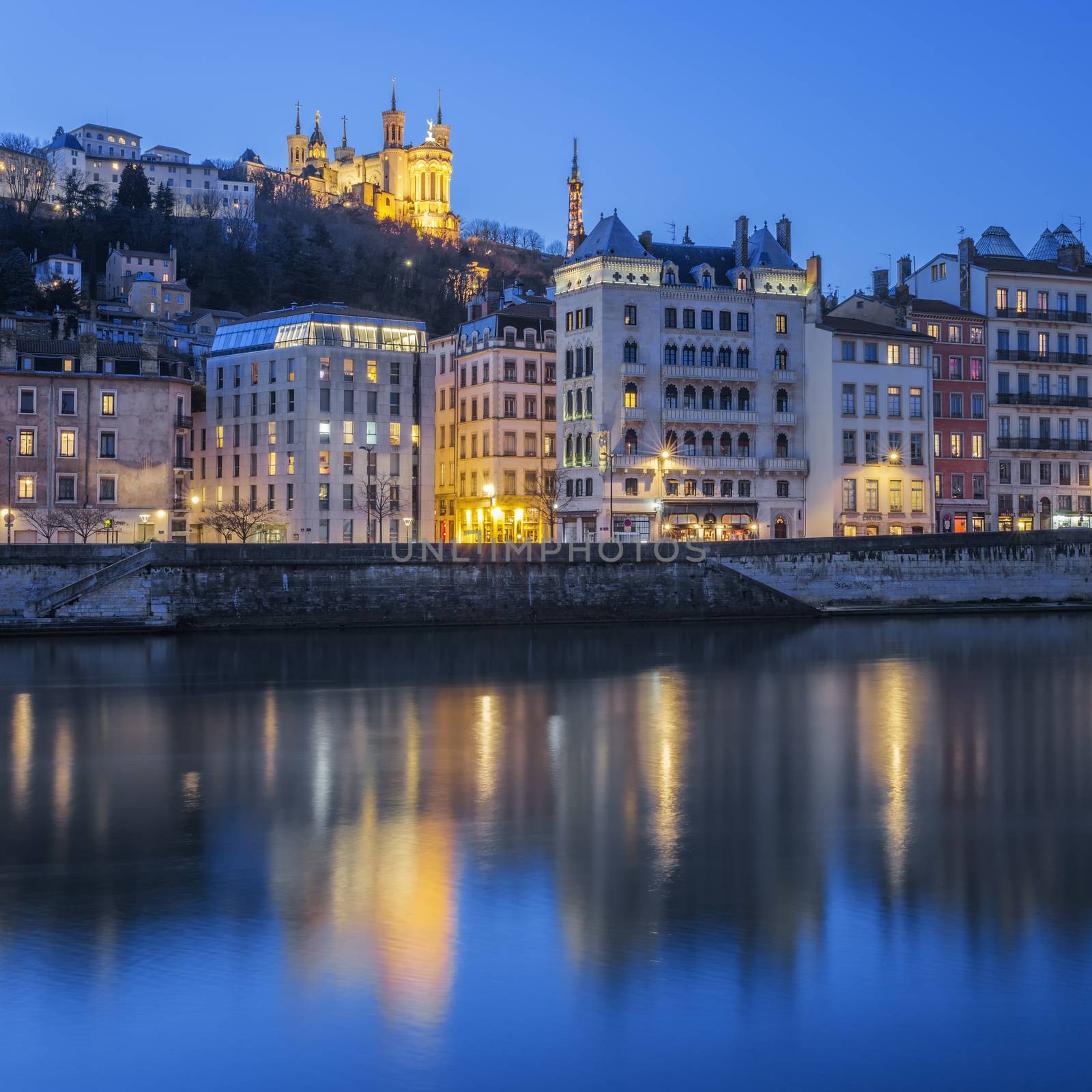 Lyon with Saone river by night by vwalakte