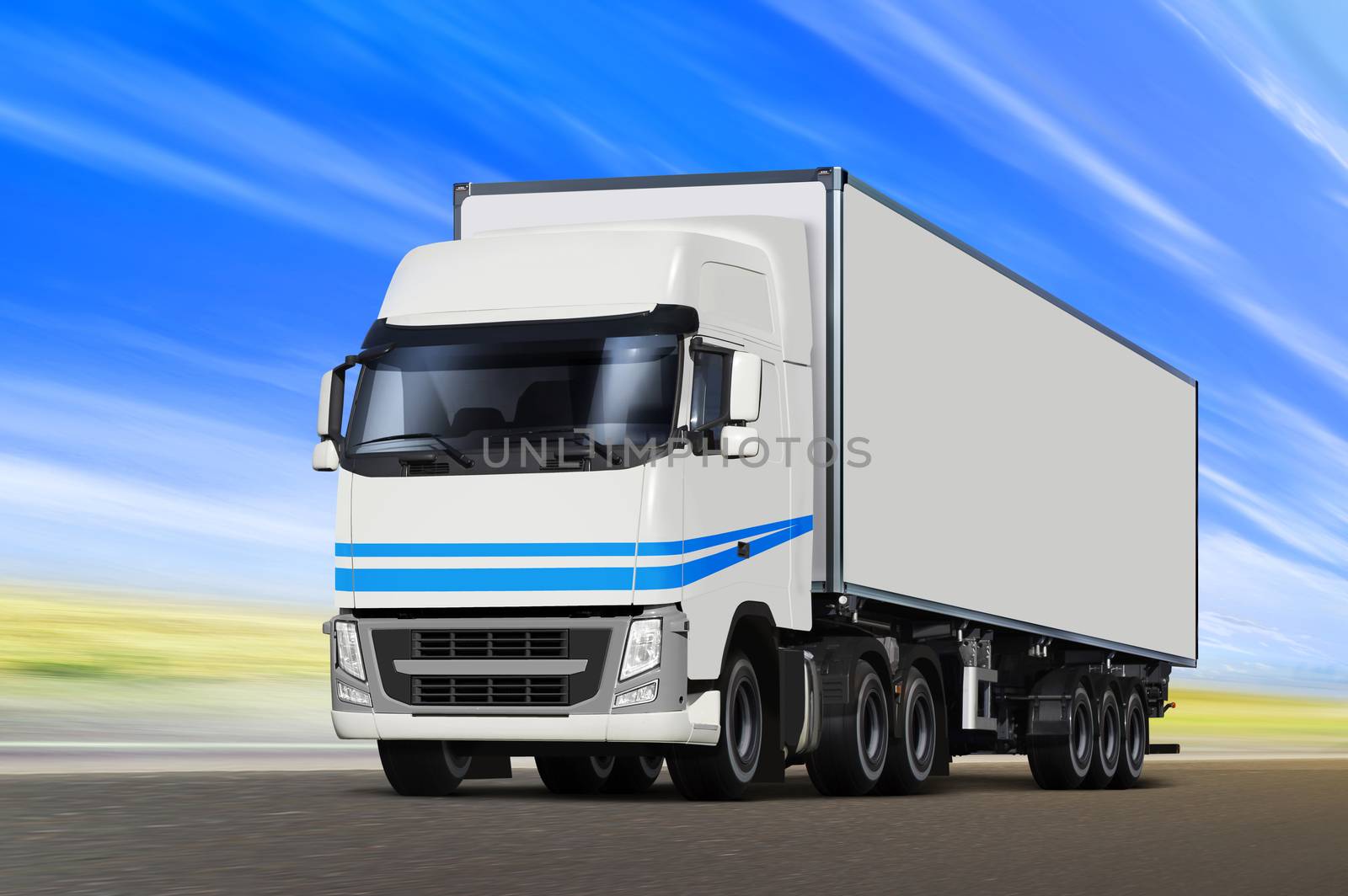 White truck moving on road, cargo transportation