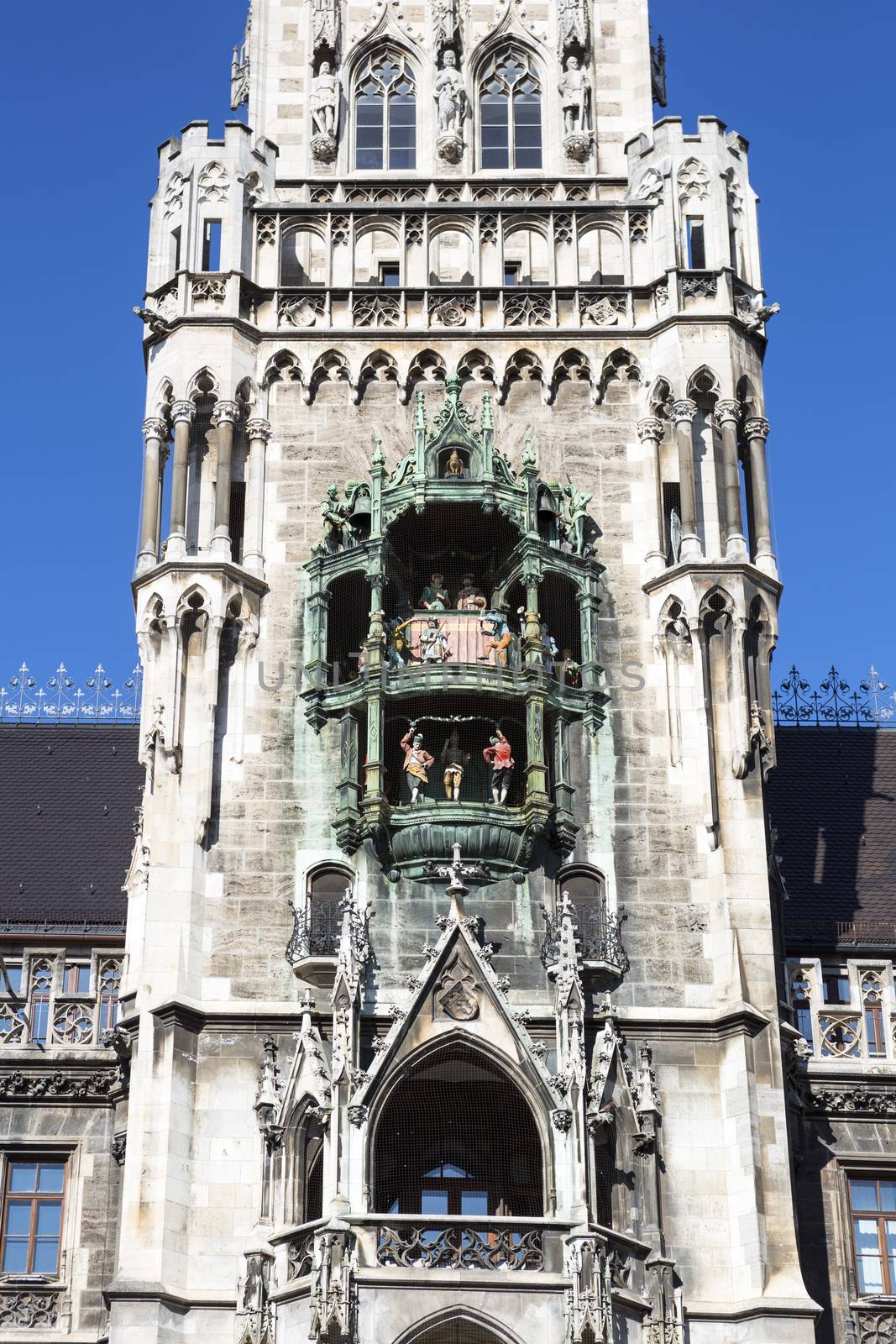 Part of Medieval Town Hall building with spires Munich Germany.