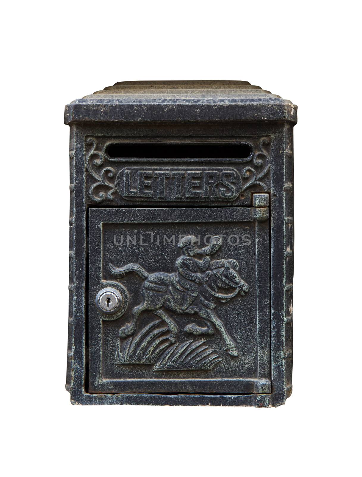 A black cast iron letterbox isolated on white with an engraving of a horse and knight and the word LETTERS.