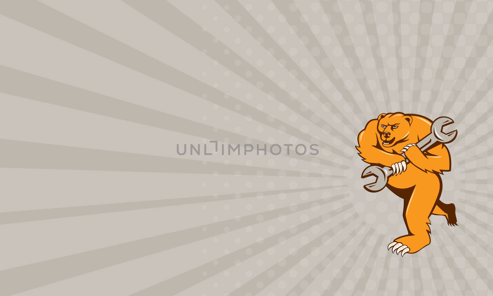 Business card showing illustration of a grizzly bear plumber running holding spanner on shoulder set on isolated white background done in cartoon style. 