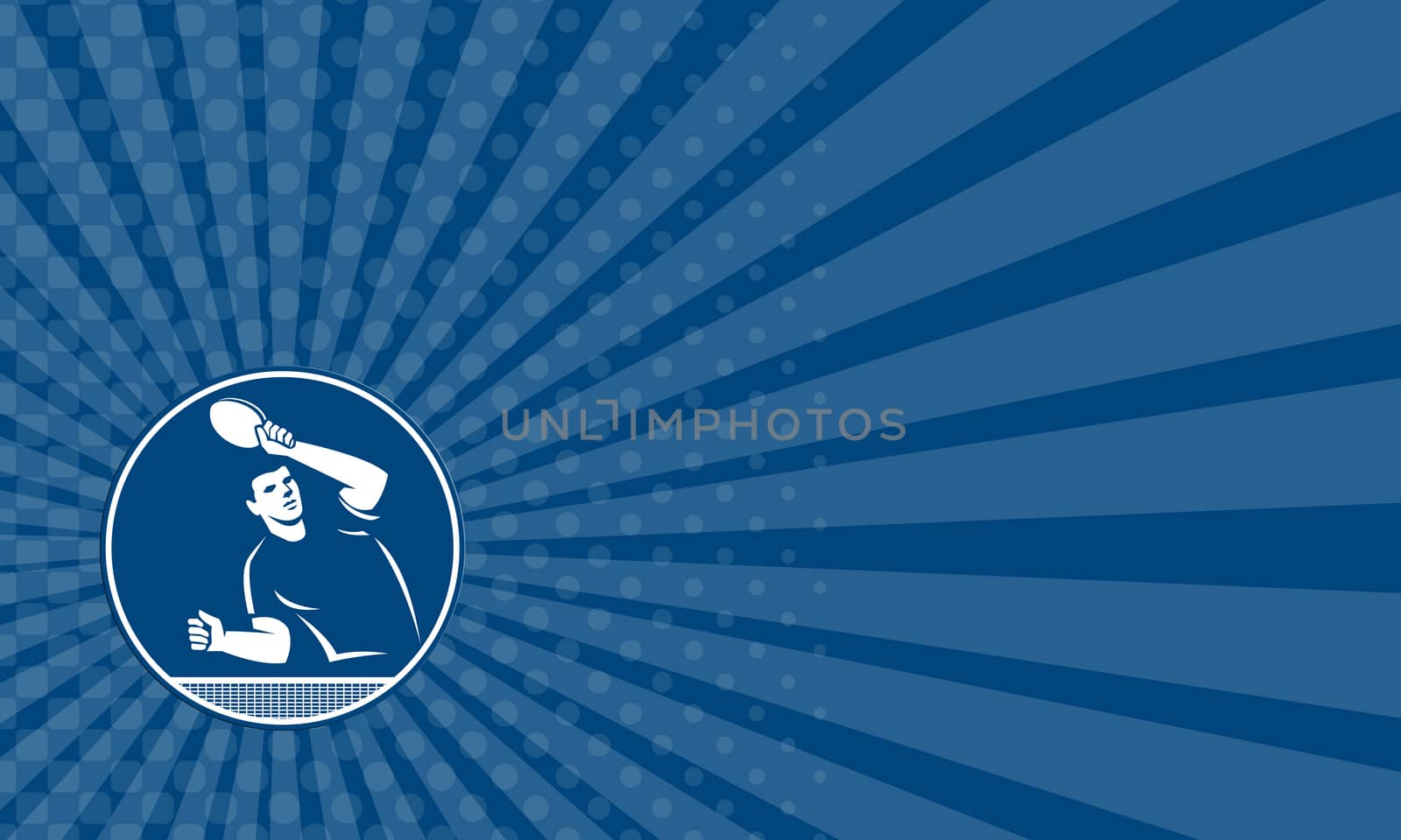 Business card showing icon illustration of a table tennis player with racket serving returning serve viewed from side front set inside circle on isolated background done in retro style.