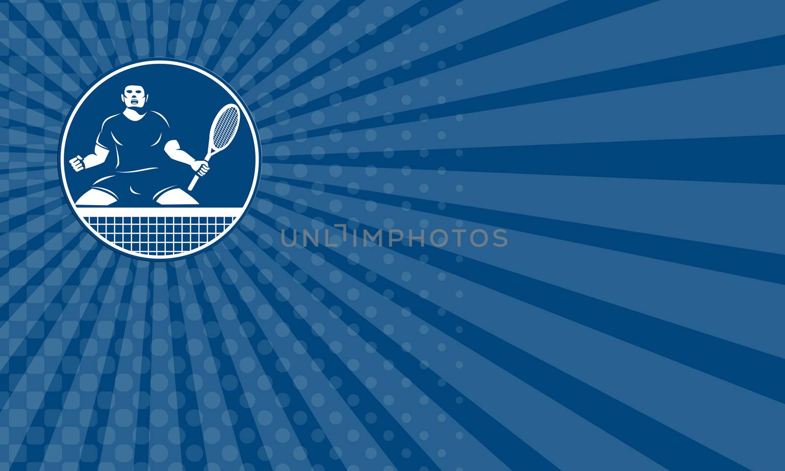 Business card showing icon illustration of a tennis player with racquet fist pumping set inside circle flames on isolated background done in retro style.