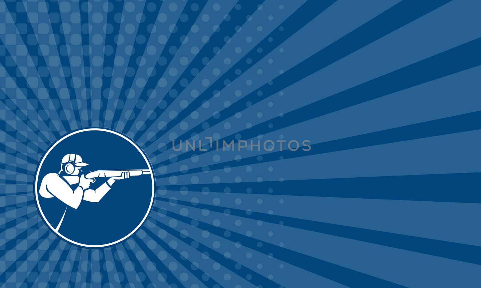 Business card showing icon illustration of a man with shotgun shooting aiming in trap shooting sport viewed from side set inside circle on isolated background done in retro style.