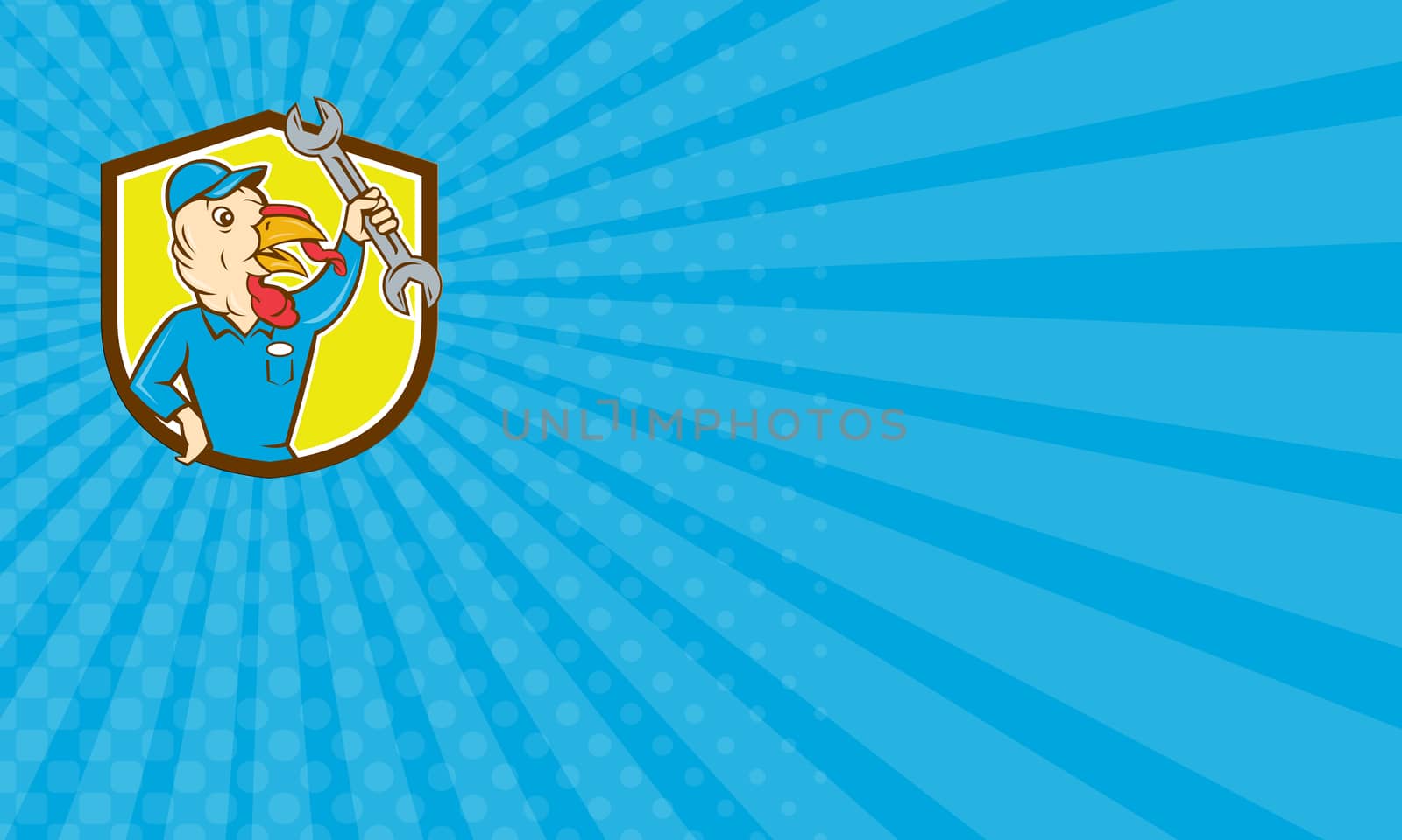 Business card showing illustration of a wild turkey mechanic holding clutching spanner set inside shield crest done in cartoon style on isolated background.