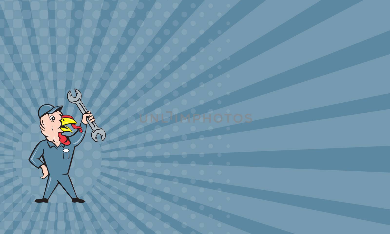 Business card showing illustration of a wild turkey mechanic standing holding clutching spanner looking to the side set done in cartoon style on isolated white background.