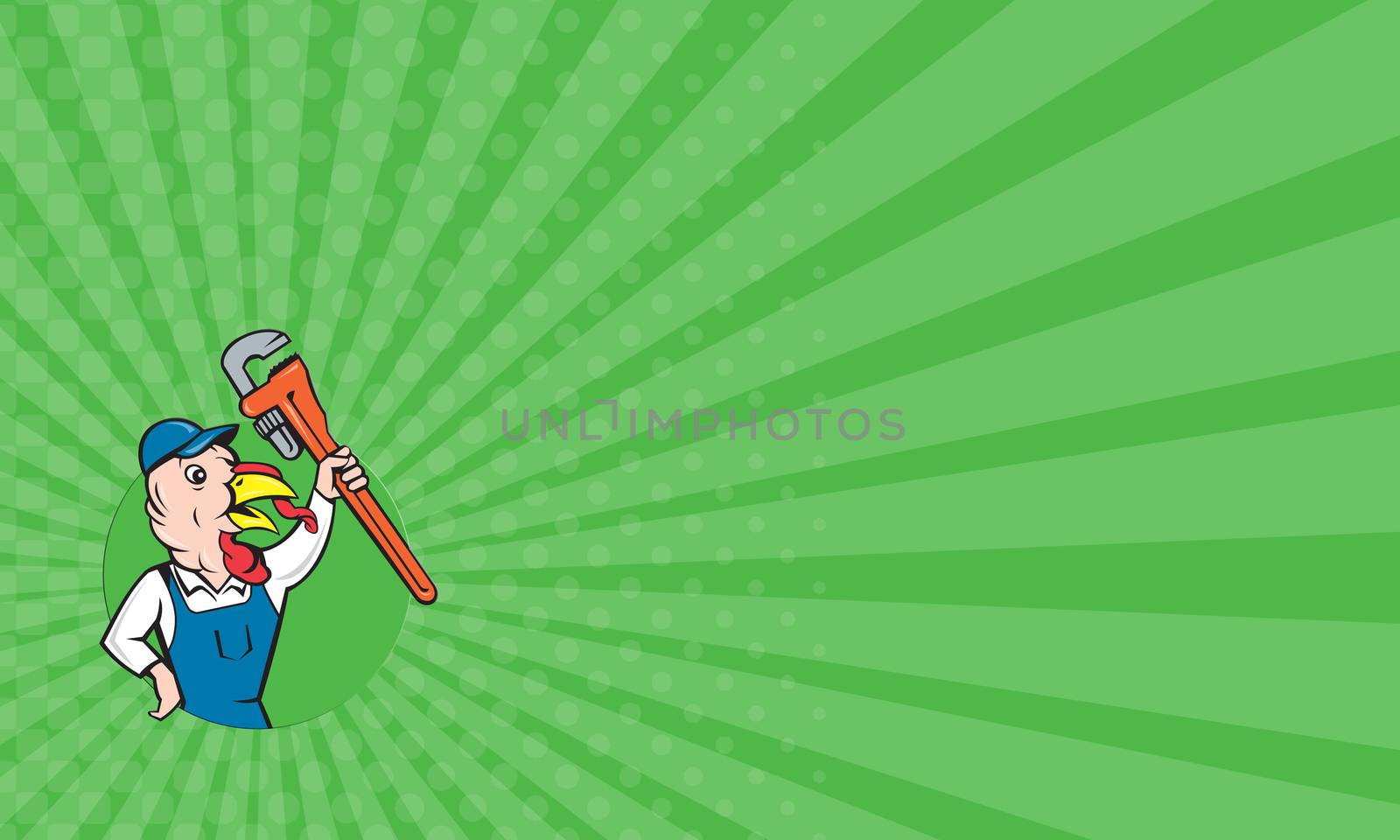 Business card showing illustration of a wild turkey plumber holding clutching monkey wrench looking to the side set inside circle done in cartoon style on isolated background.