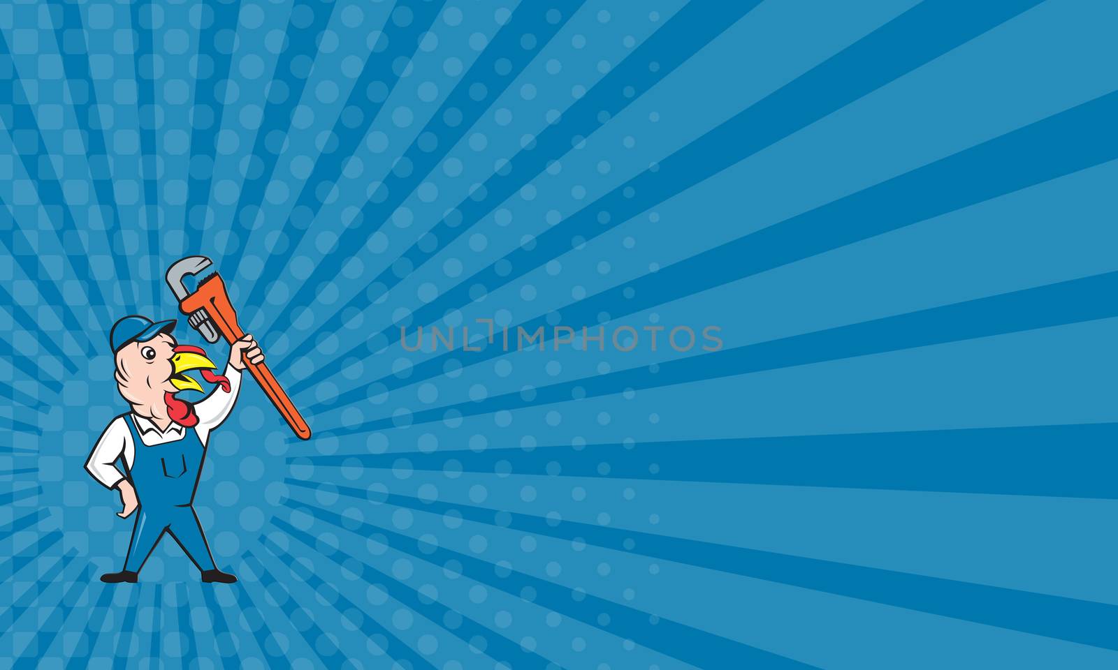 Business card showing illustration of a wild turkey plumber standing holding clutching monkey wrench looking to the side done in cartoon style on isolated white background.