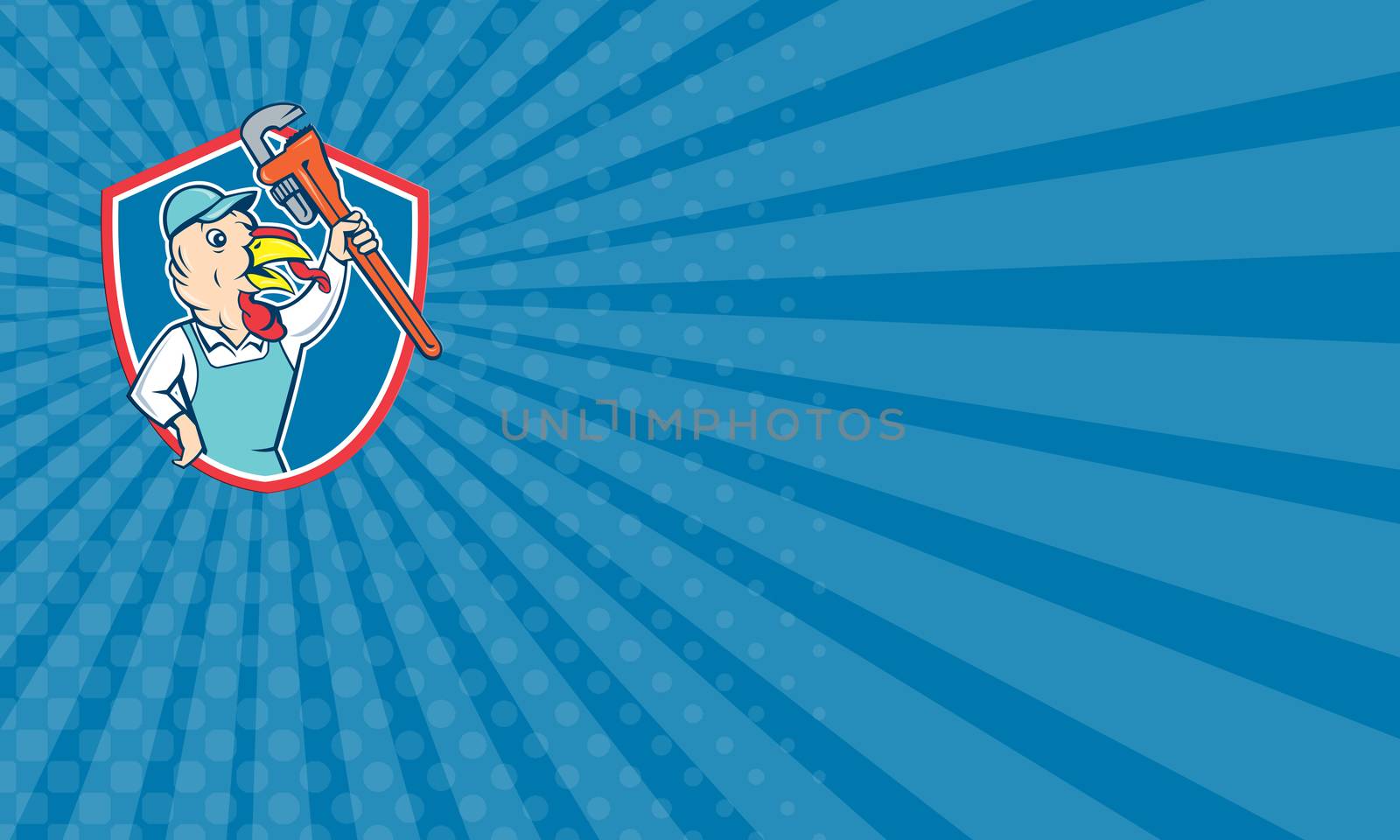 Business card showing illustration of a wild turkey plumber holding clutching monkey wrench looking to the side set inside shield crest done in cartoon style on isolated background.