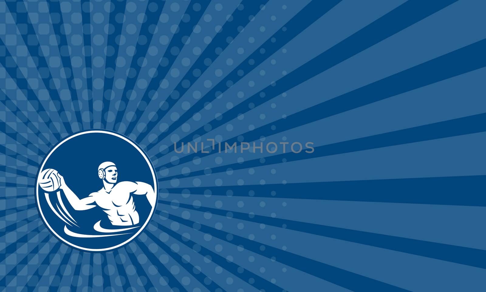Business card showing icon illustration of a water polo player throwing ball set inside circle on isolated background done in retro style.