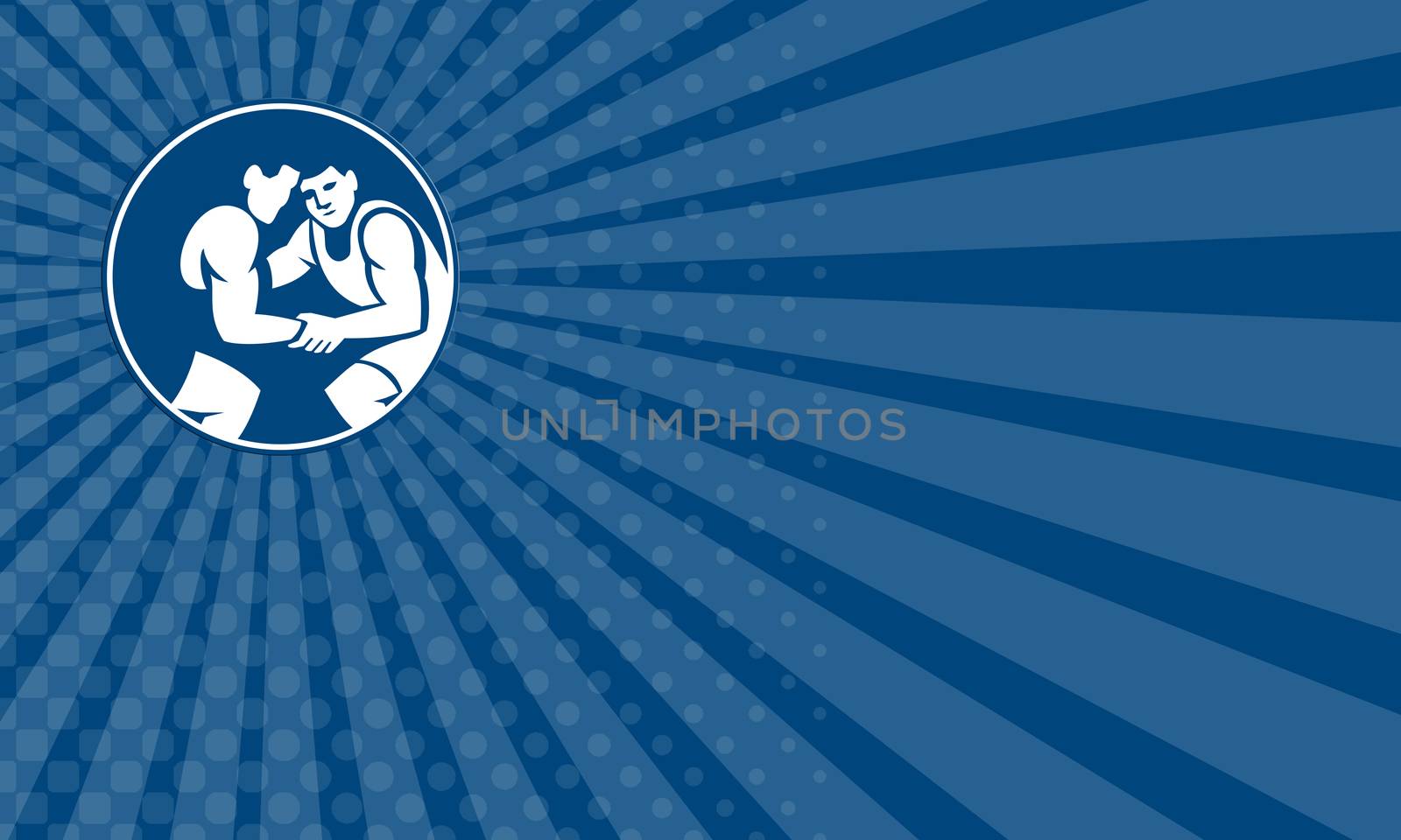 Business card showing icon illustration of wrestlers wrestling set inside circle on isolated background done in retro style.