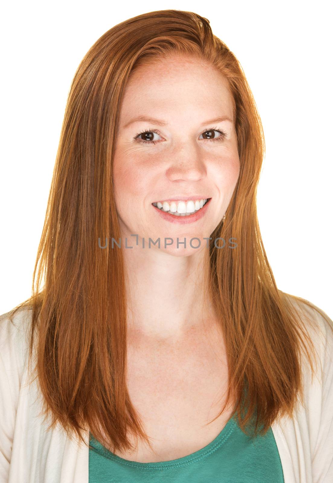 Isolated happy young Caucasian female with red hair