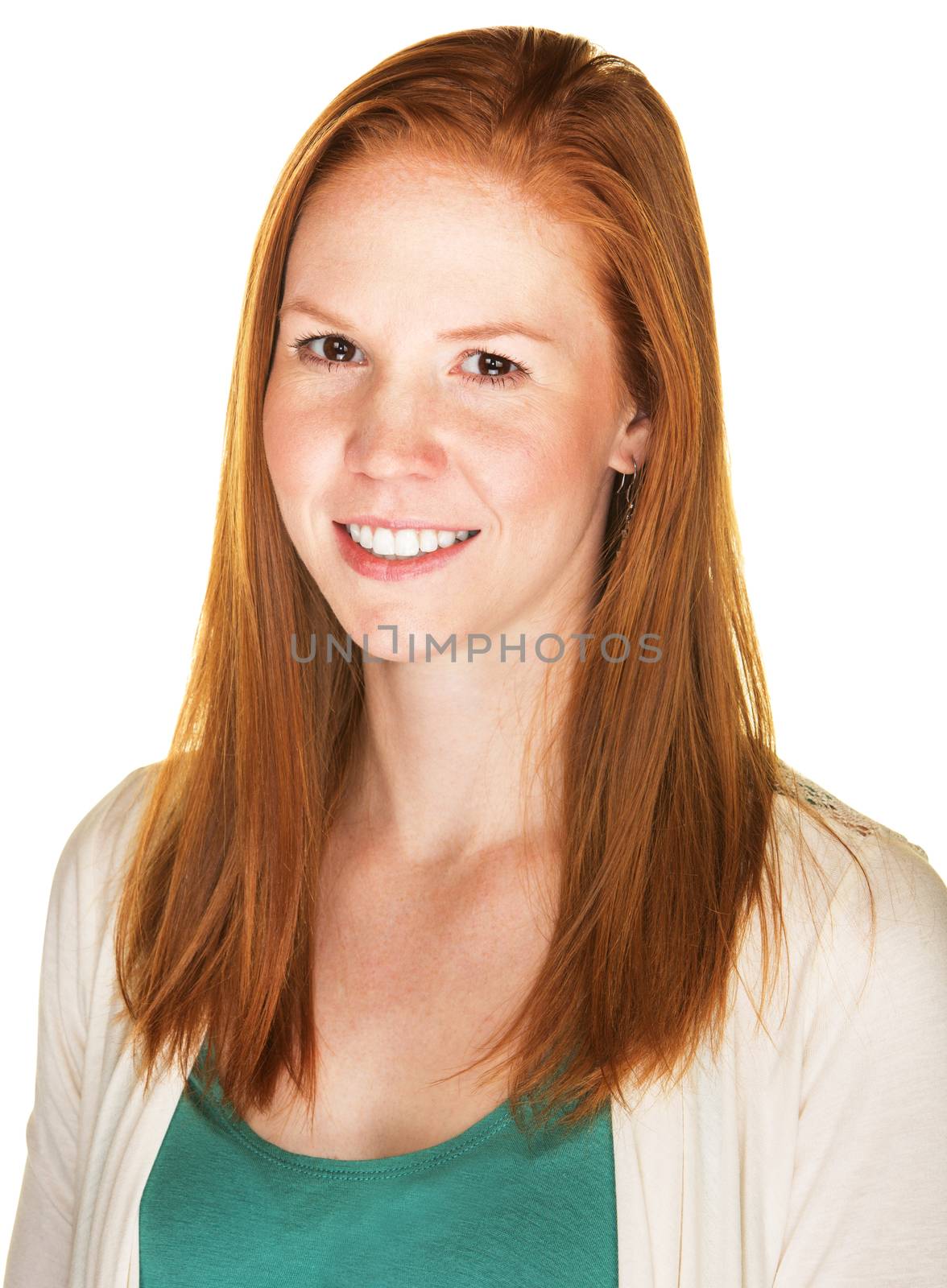 Smiling beautiful young Caucasian female with red hair