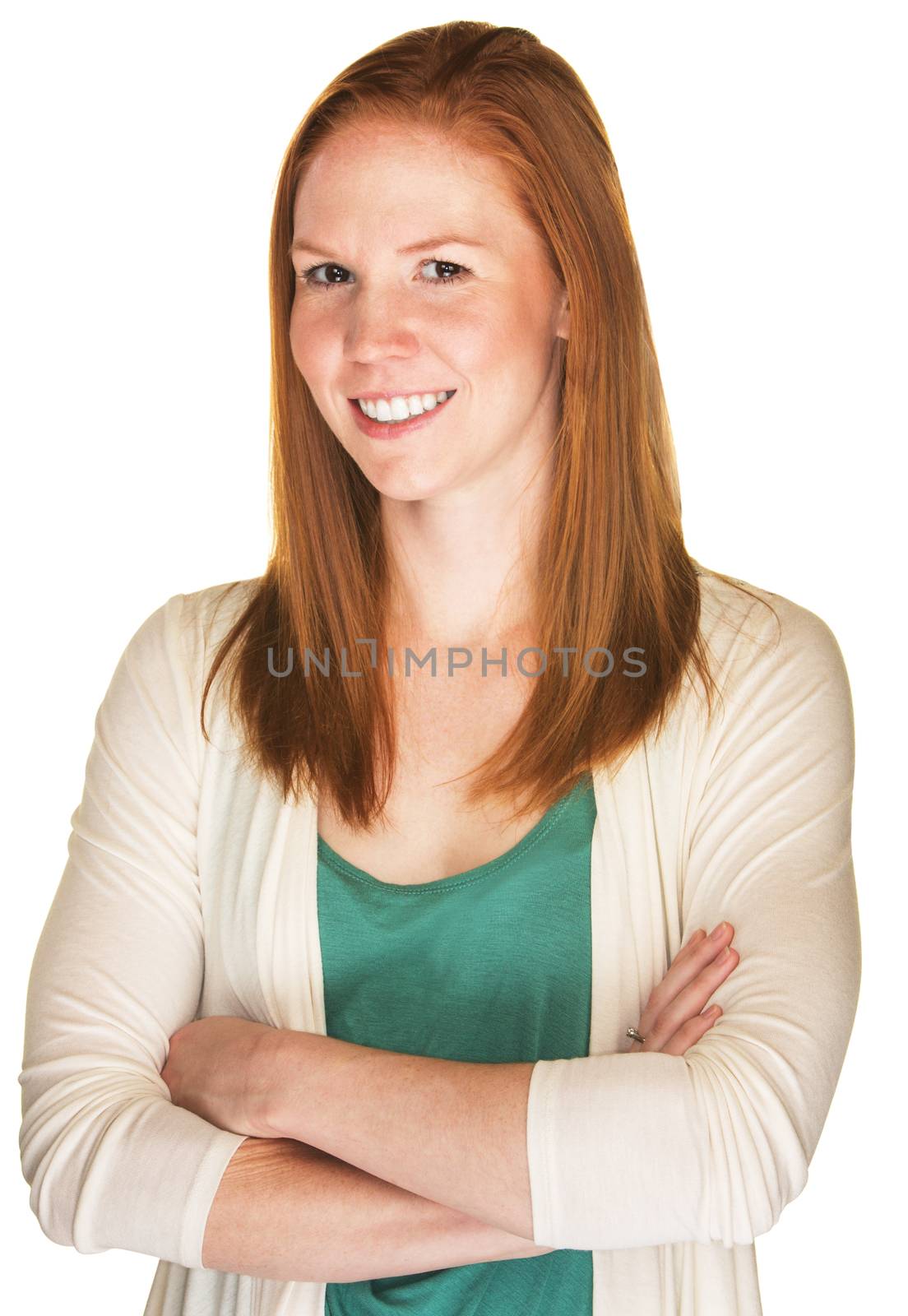 Isolated confident young Caucasian female with red hair
