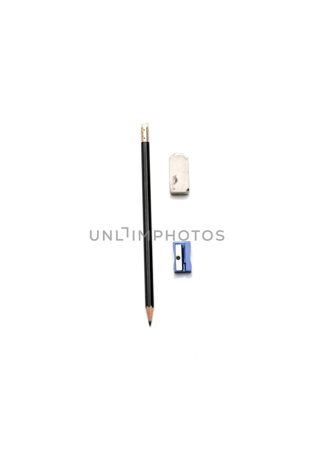 pencil eraser and sharpener isolated on white background