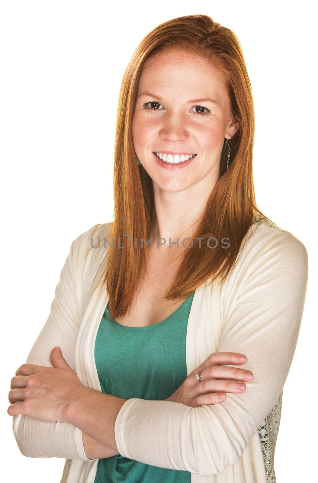 Confident Caucasian female smile and folded arms