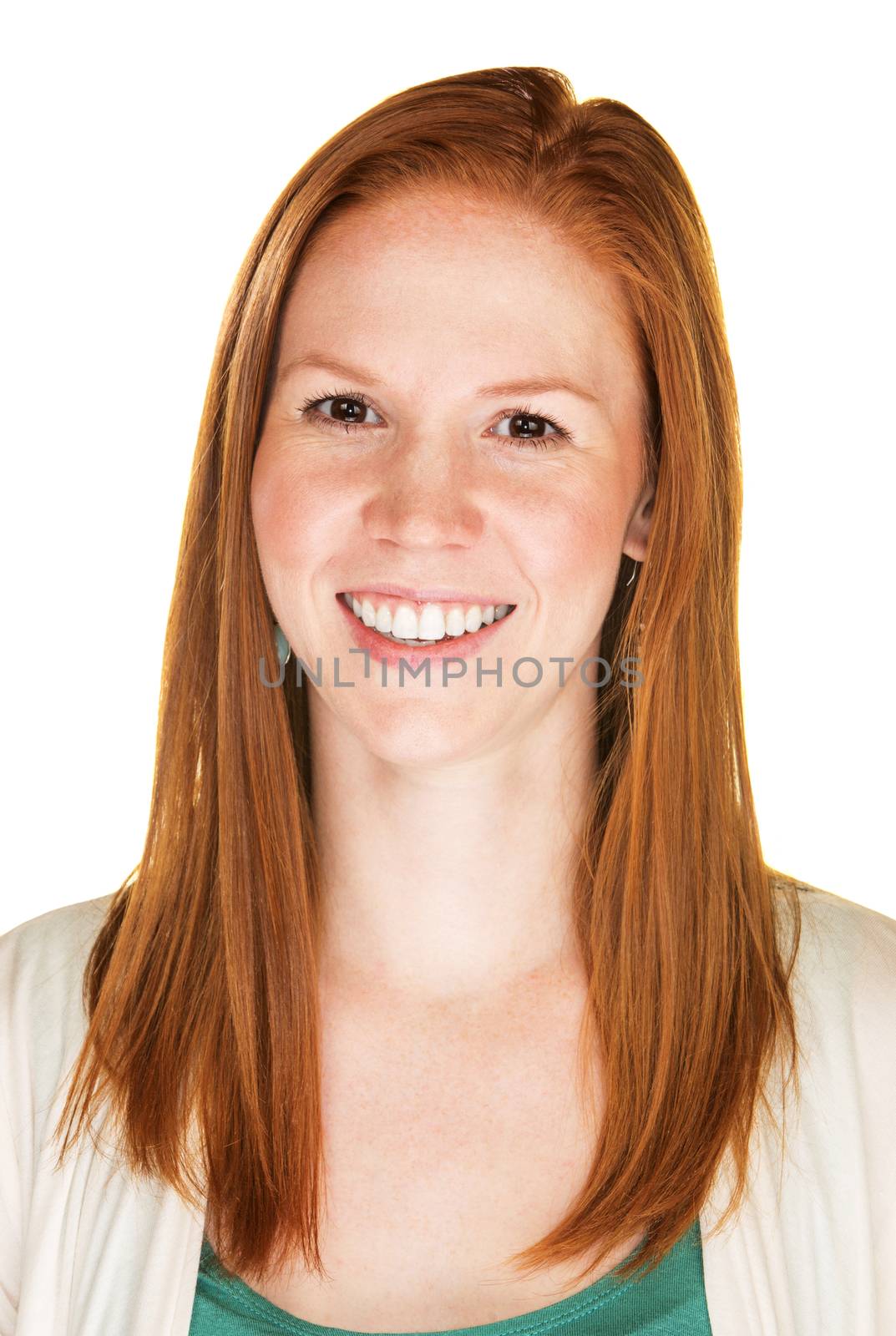 Isolated laughing young Caucasian female with red hair