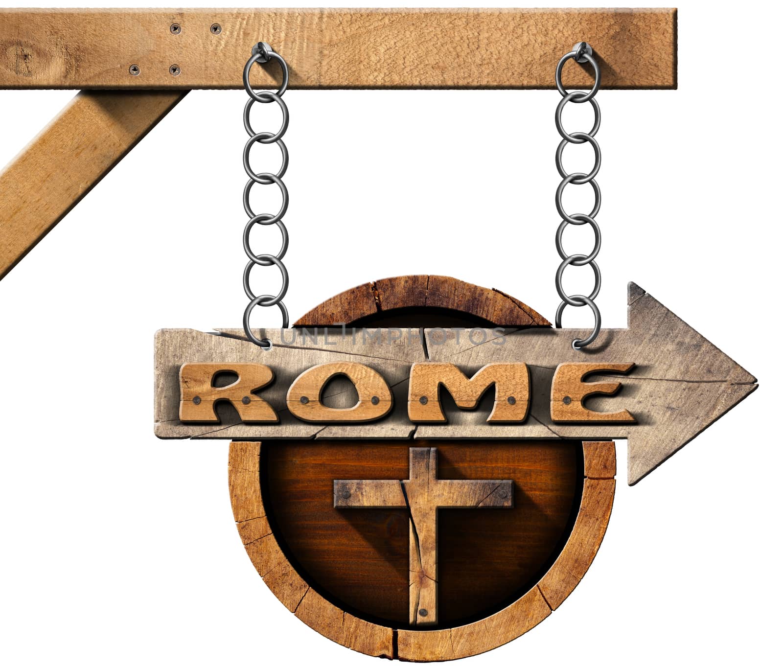Pilgrimage wooden directional sign of Rome with an arrow and religious cross. Hanging from a metal chain on a pole and isolated on white background