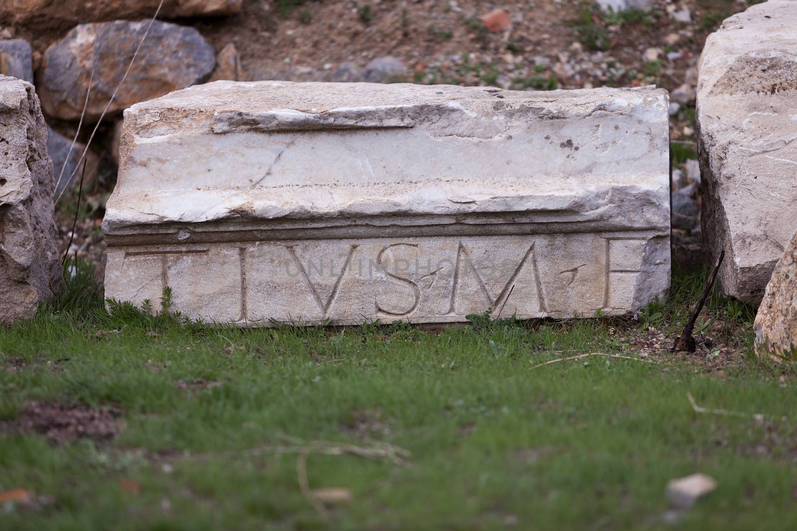 Roman lettering on doorway piece in ruins at Antioch Pisidian in Turkey