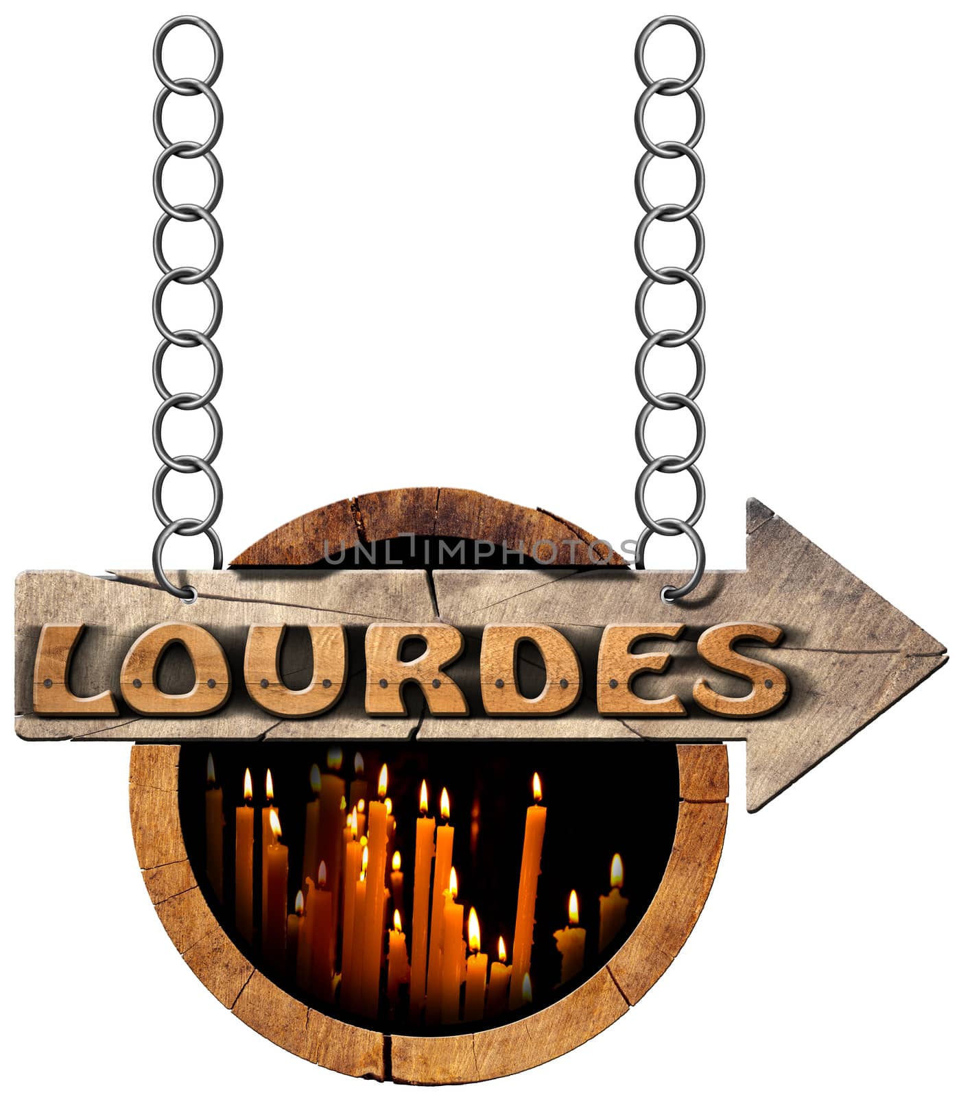 Pilgrimage wooden directional sign of Lourdes with an arrow and votive candles. Hanging from a metal chain and isolated on white background