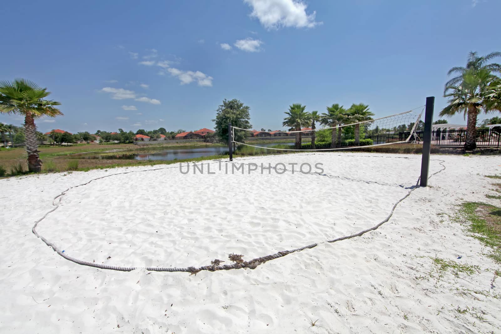 A sand volleyball court in a resort