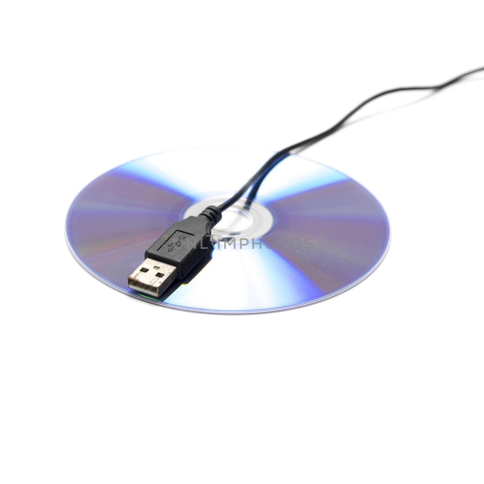 usb cable on dvd dish isolated on white background