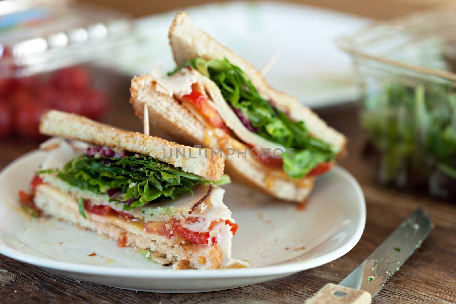 Simple turkey sandwich on honey wheat bread with lettuce and tomato.