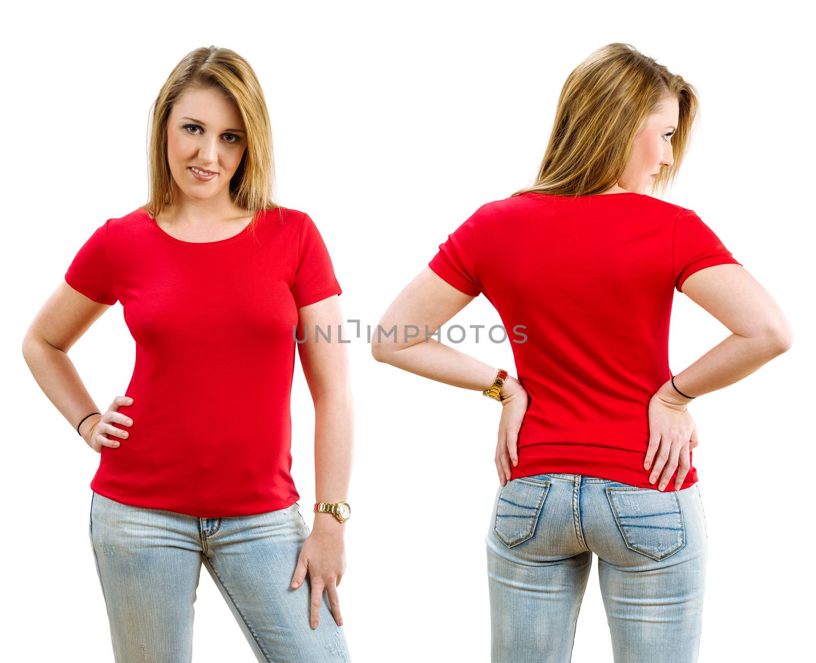Happy blond woman wearing blank red shirt by sumners