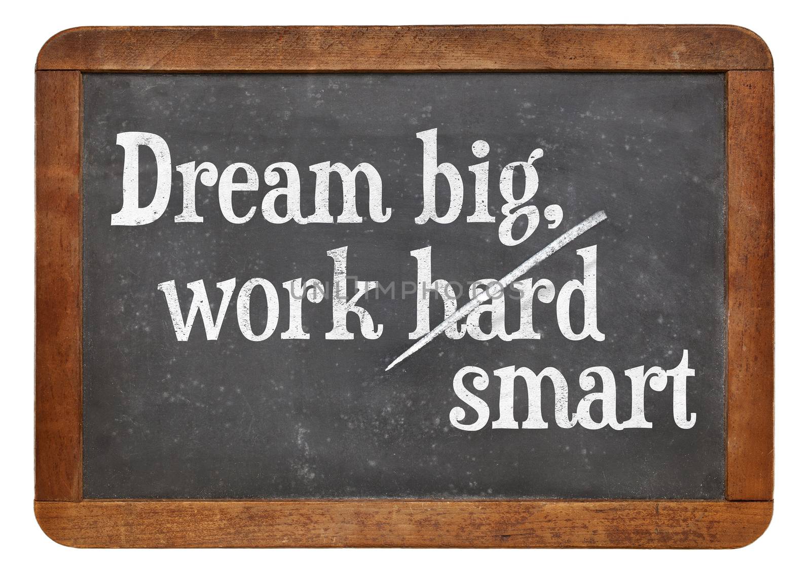 Dream big, work smart.  Motivational words on a vintage slate blackboard