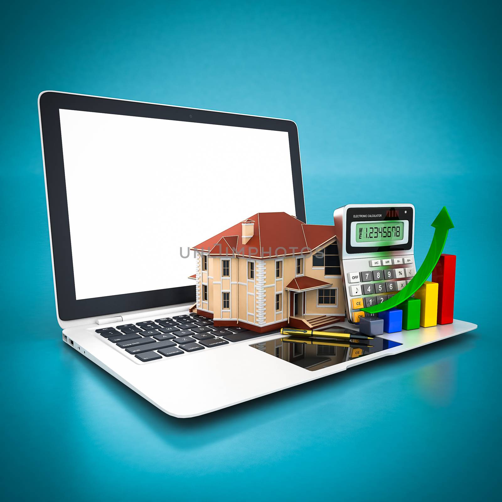 house, calculator and pen and white laptop on a blue background