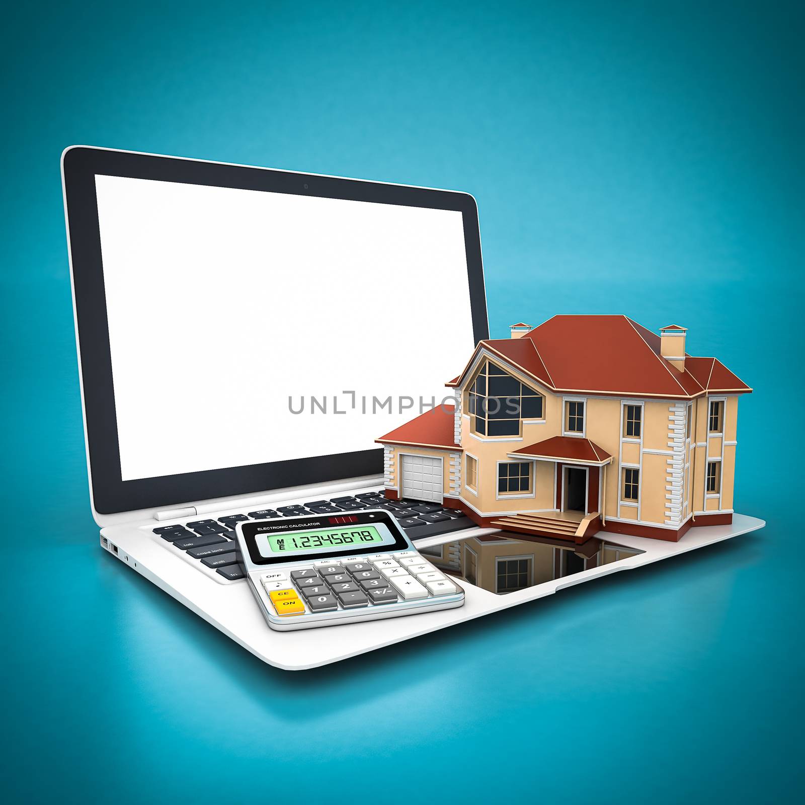 house, calculator and white laptop on a blue background