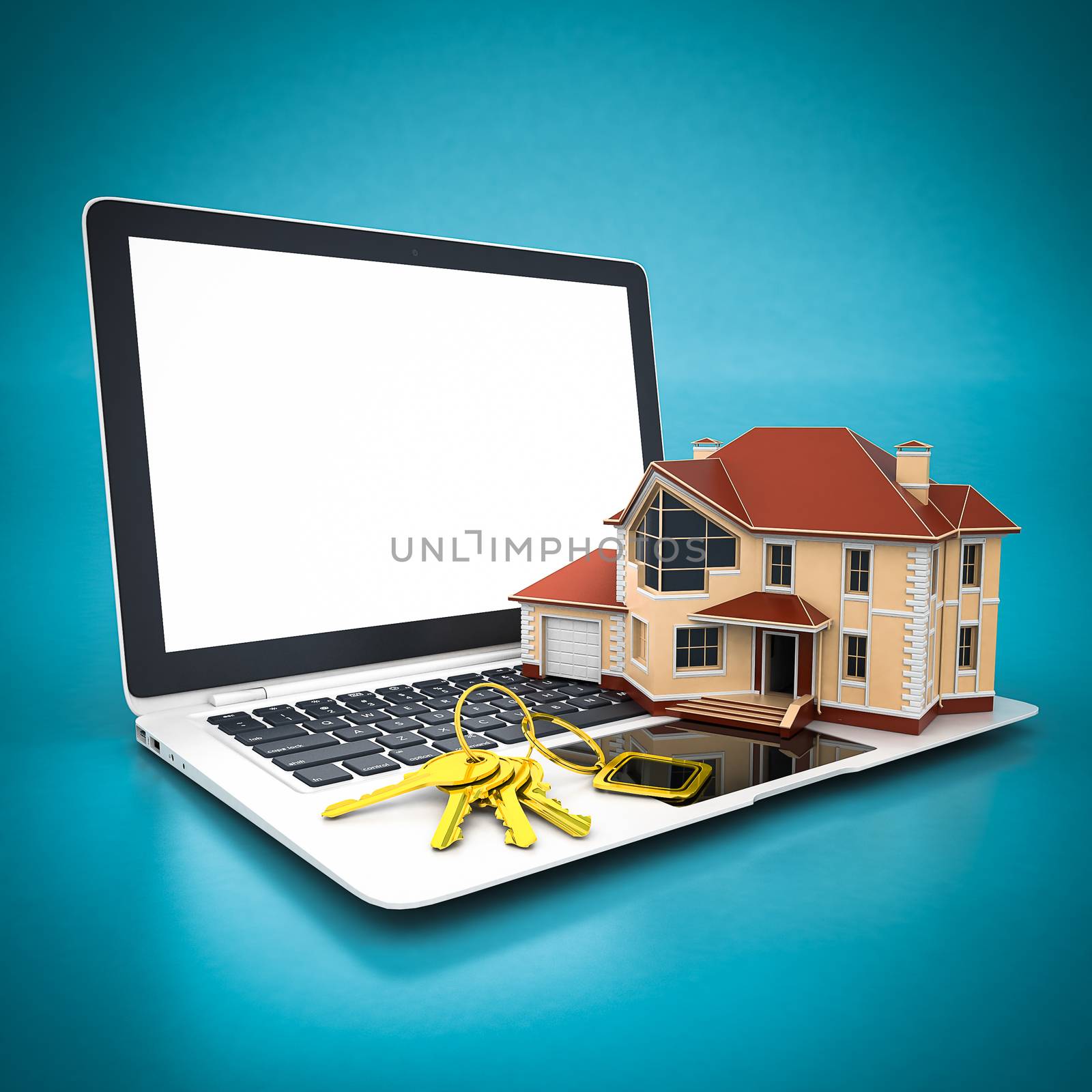 House with keys and white laptop on a blue background