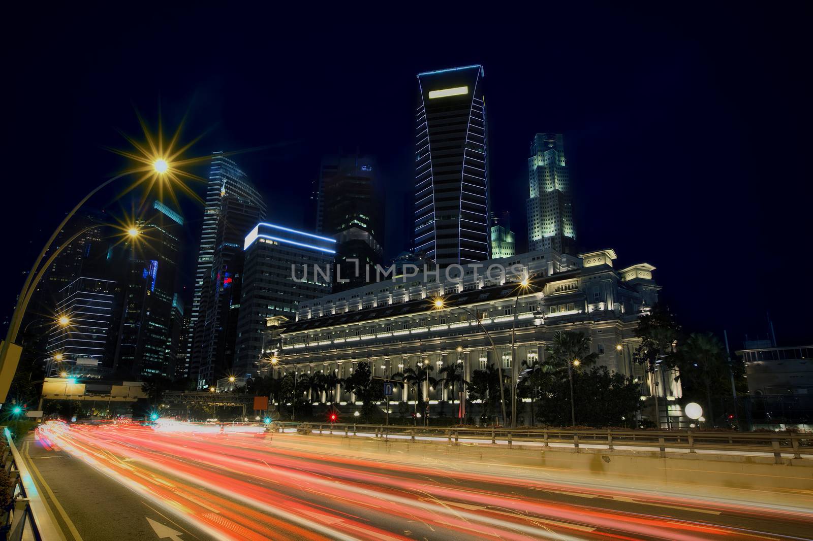 Light trails in the financial district of Singapore