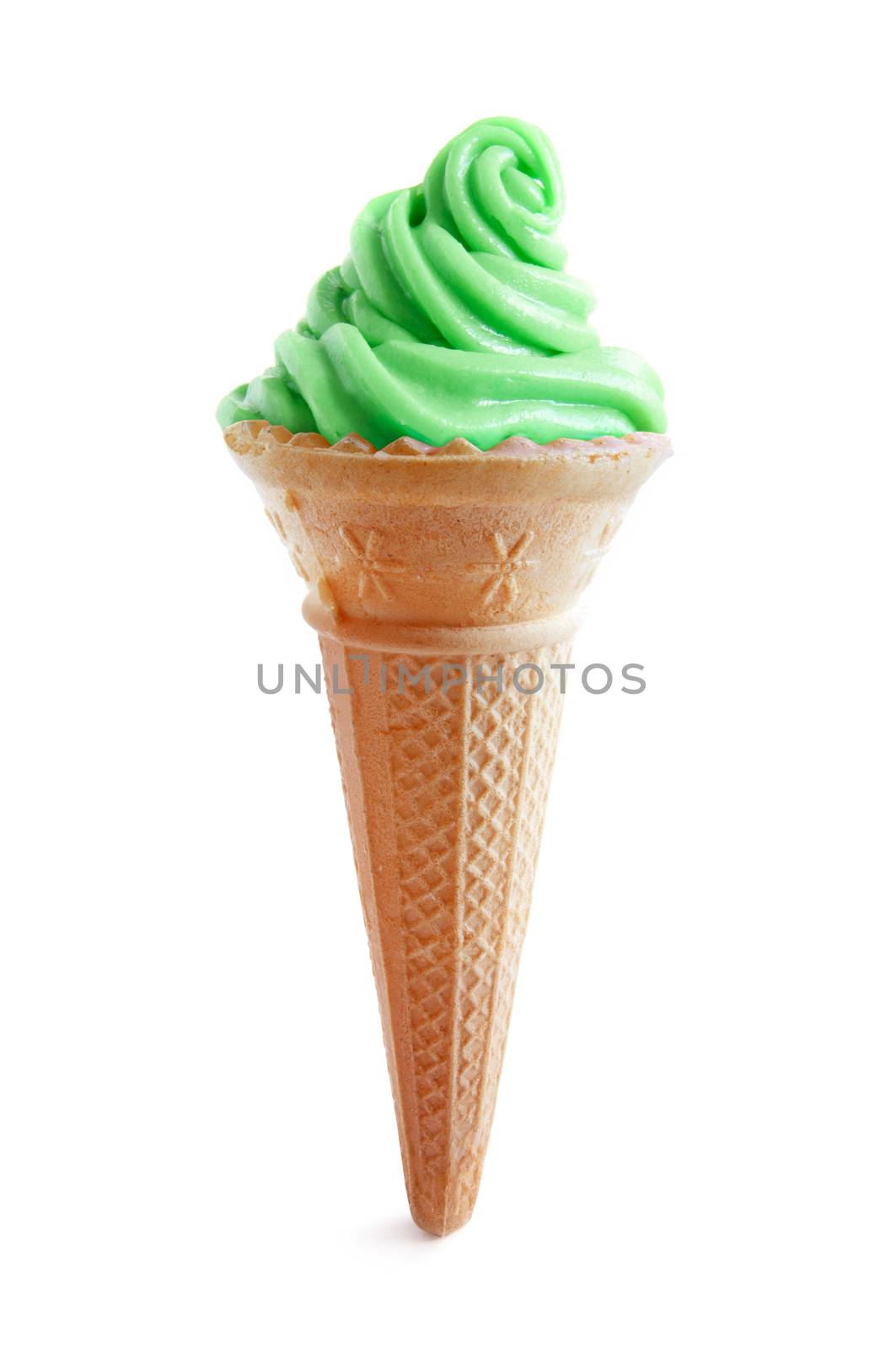 Mint ice cream cone over a white background