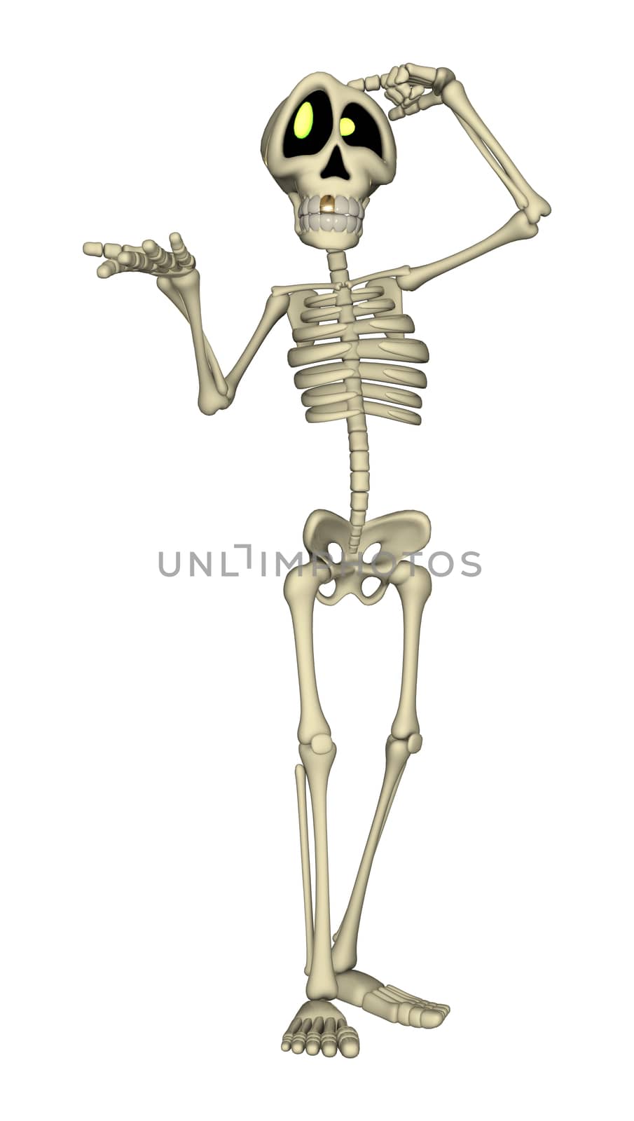 3D digital render of a cartoon human skeleton isolated on white background