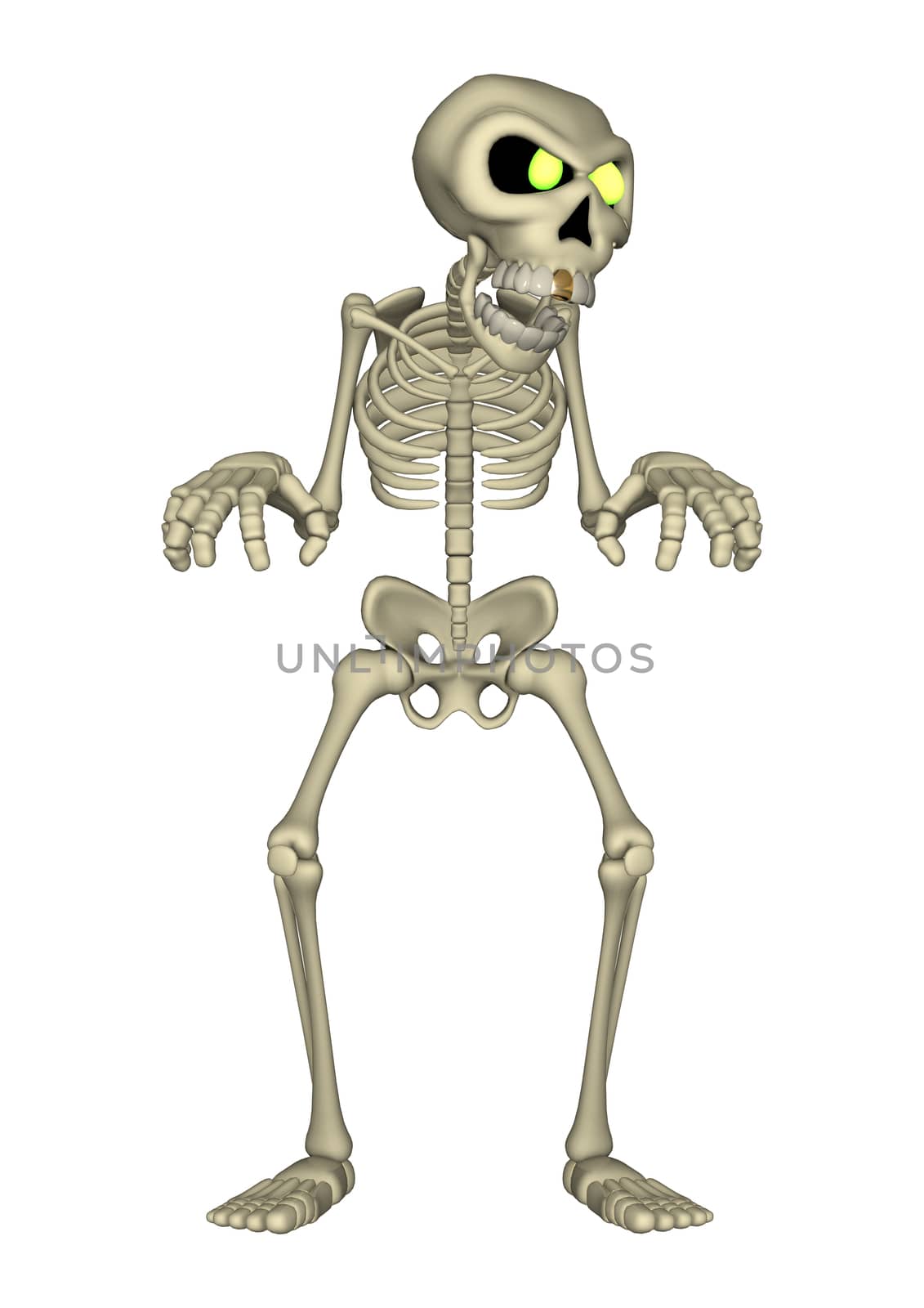 3D digital render of a cartoon human skeleton isolated on white background