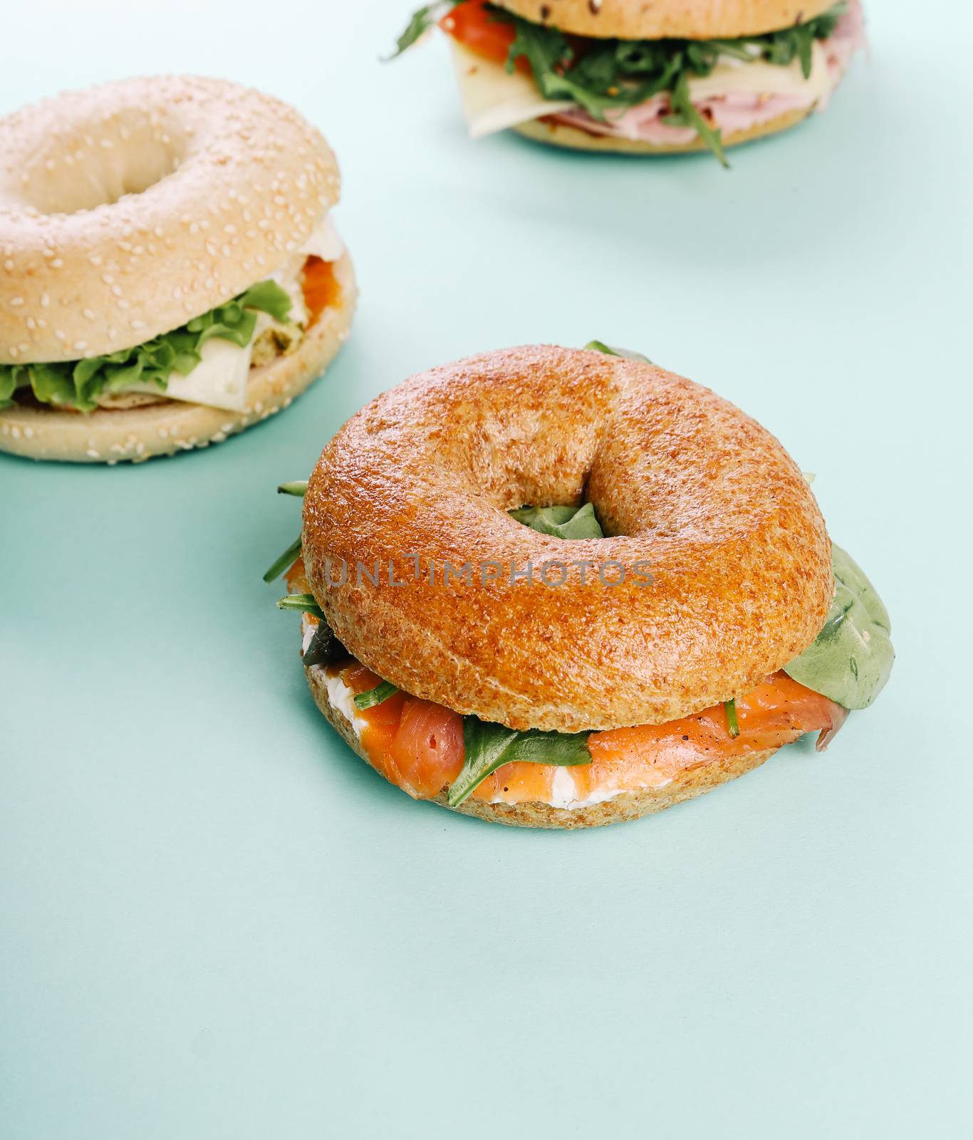 Delicious bagel sandwich on the table