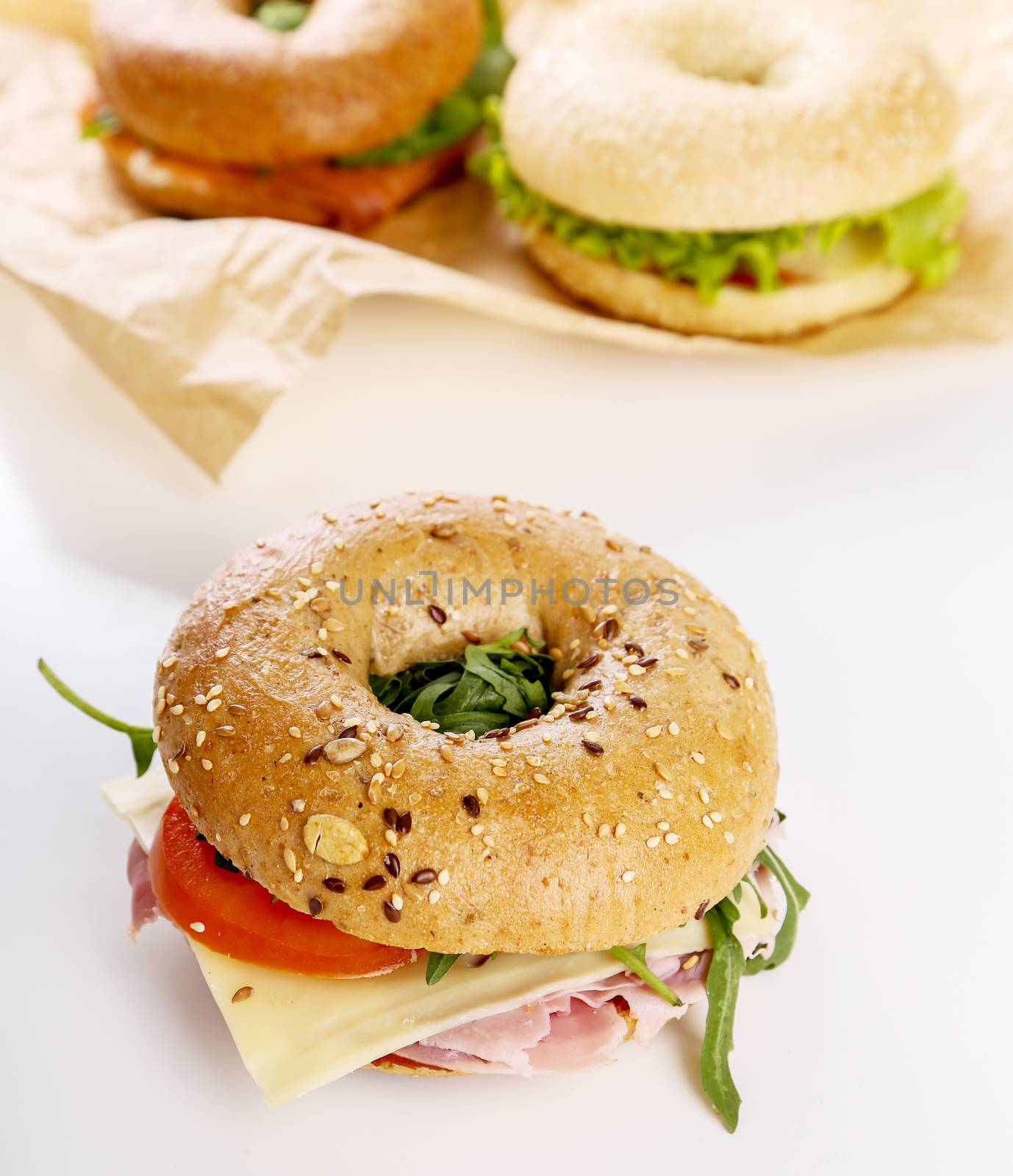 Delicious bagel sandwich on the table