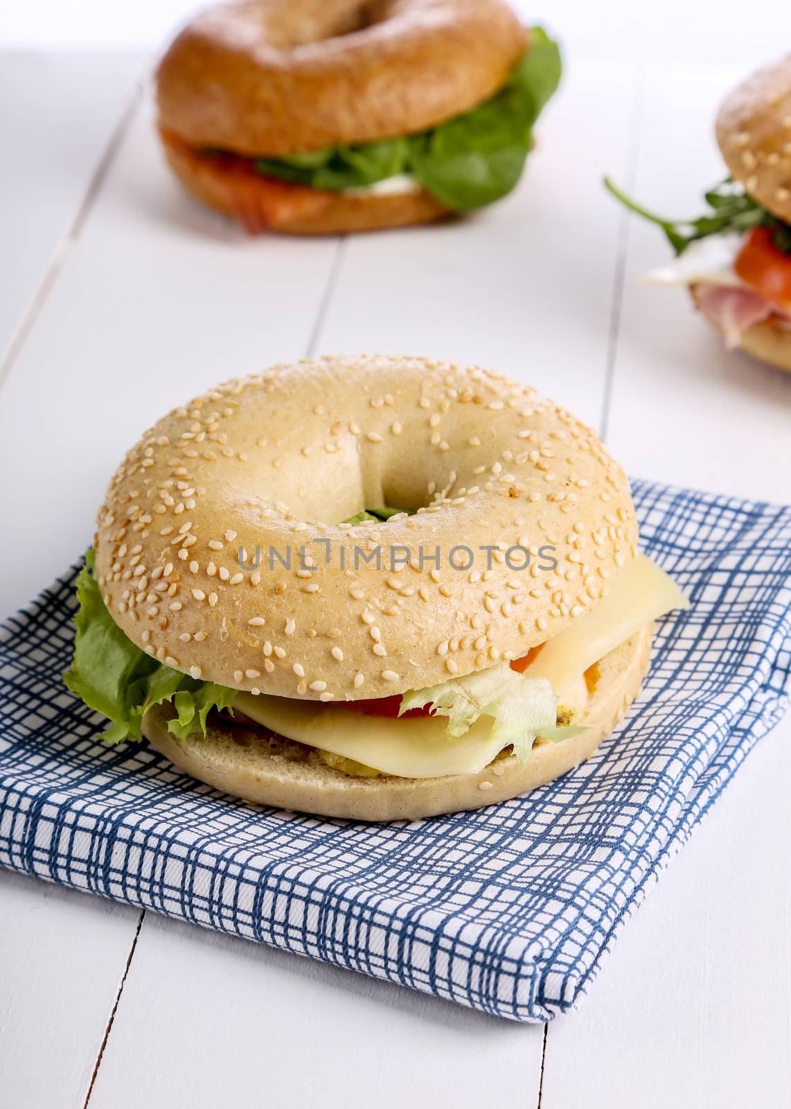 Delicious bagel sandwich on the table