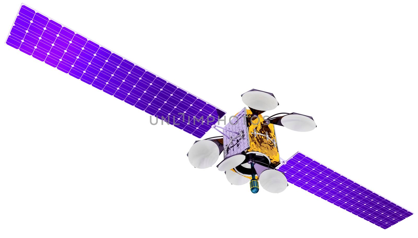 3D model of an artificial satellite of the Earth, equipped with solar panels and parabolic satellite communications antenna
