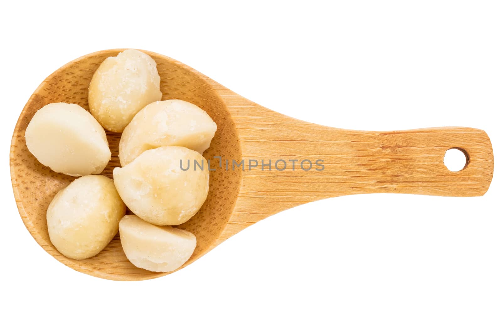 macadamia nuts on a small wooden spoon isolated on white with a clipping path