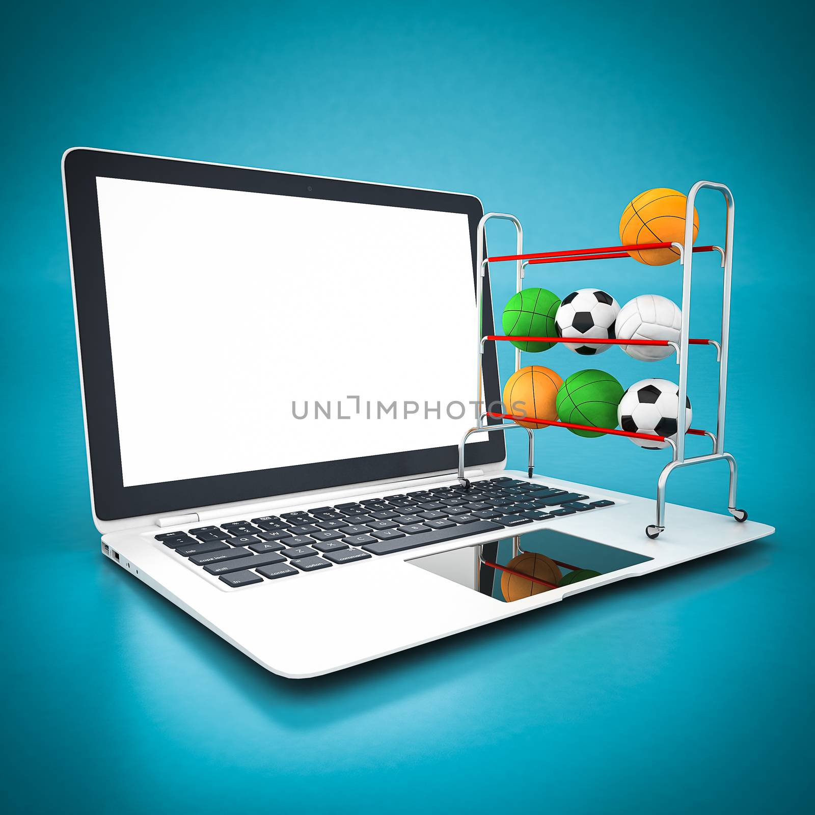 Picture a soccer ball and white laptop on a blue background