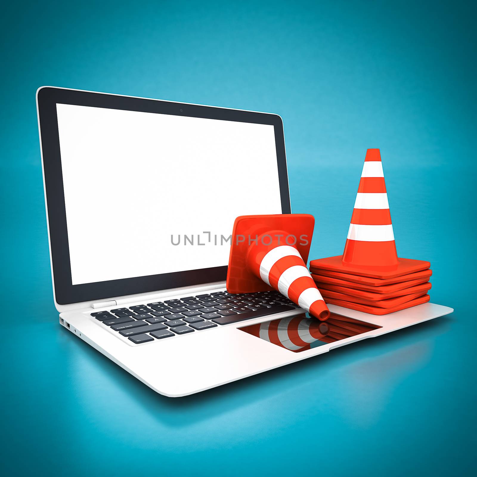 Single traffic cone and white laptop on a blue background